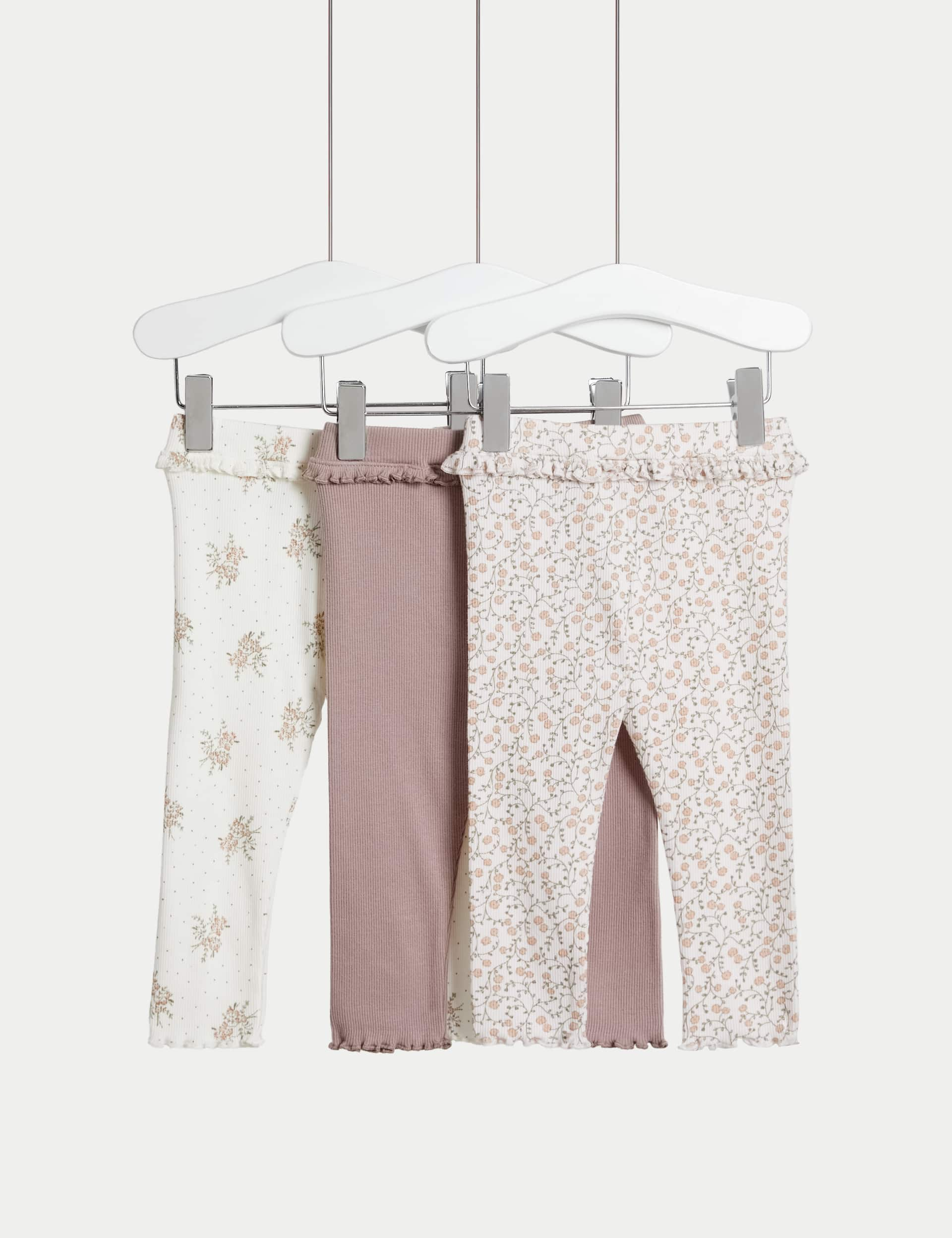 M&S Girls 3pk Cotton Rich Floral Frill Leggings (0-36 Mths) - 18-24 - Pink Mix, Pink Mix