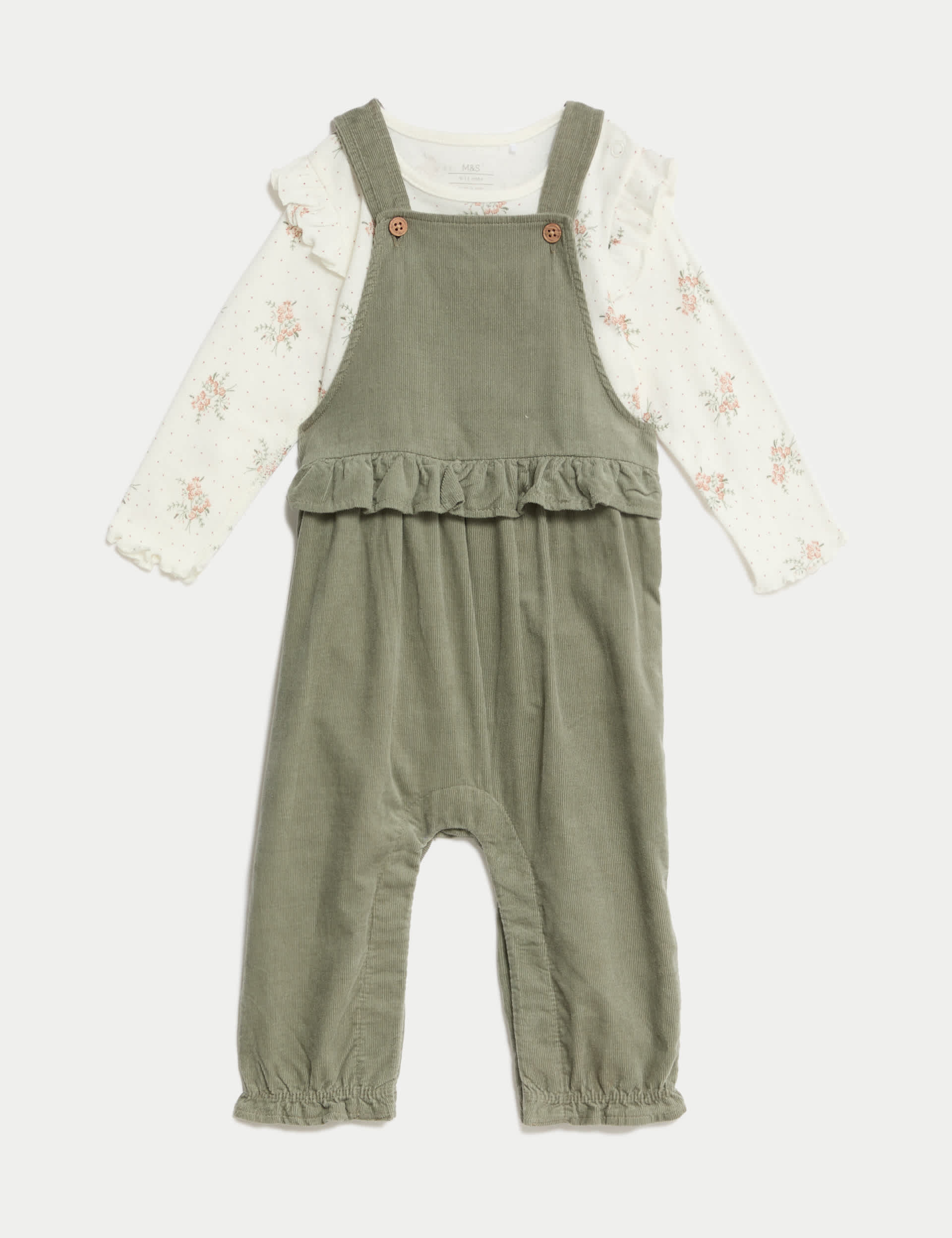 M&S Girls 2pc Pure Cotton Cord Dungaree Outfit (0-3 Yrs) - 12-18 - Khaki, Khaki