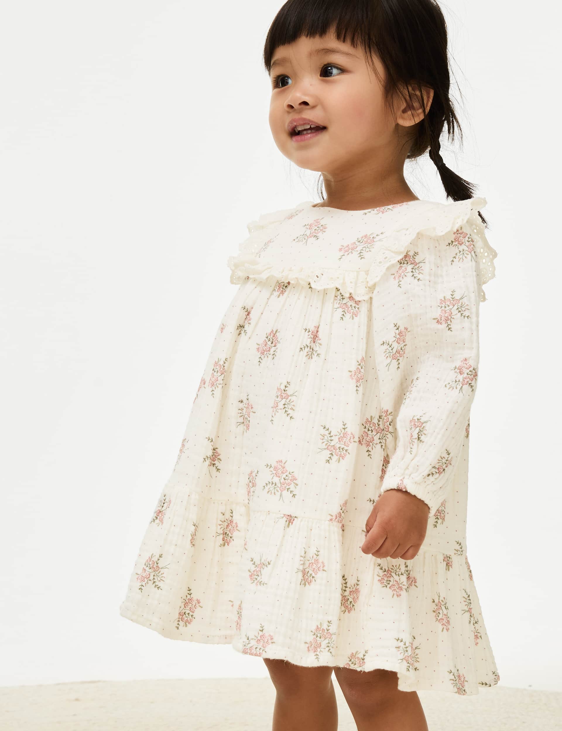 M&S Girls Pure Cotton Floral Dress with Tights (0-3 Yrs)