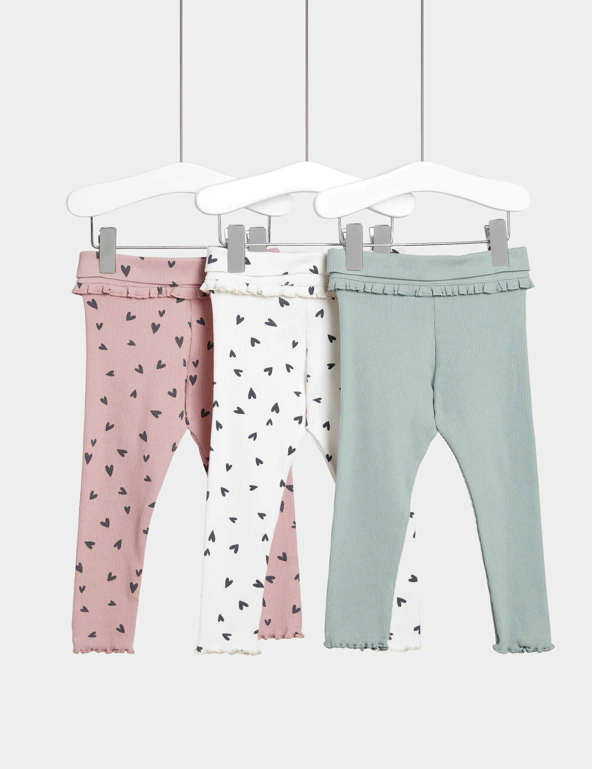 M&S Girls 3pk Cotton Rich Heart & Plain Leggings (0-3 Yrs)