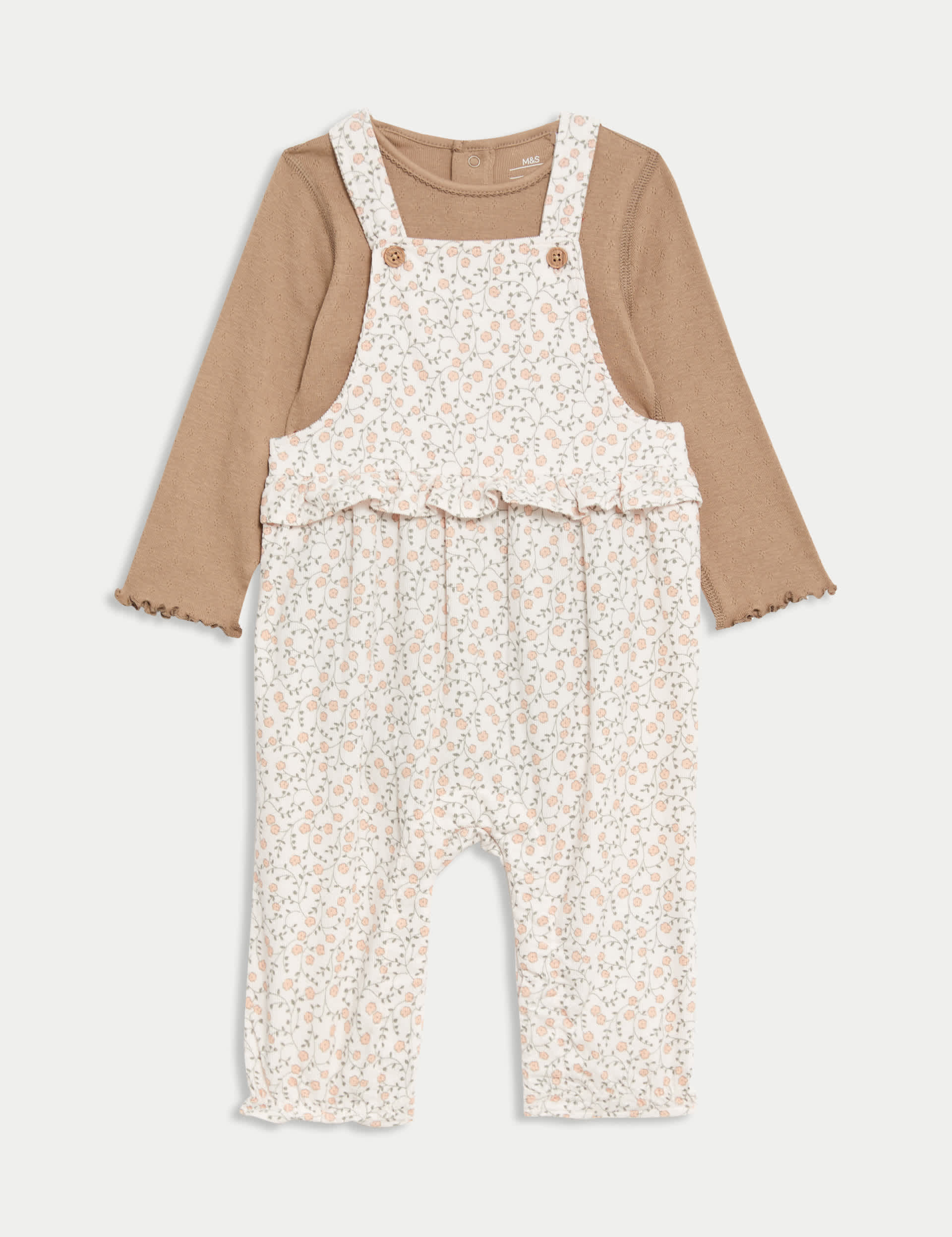 M&S Girls 2pc Corduroy Floral Dungarees Set (0-3 Yrs)