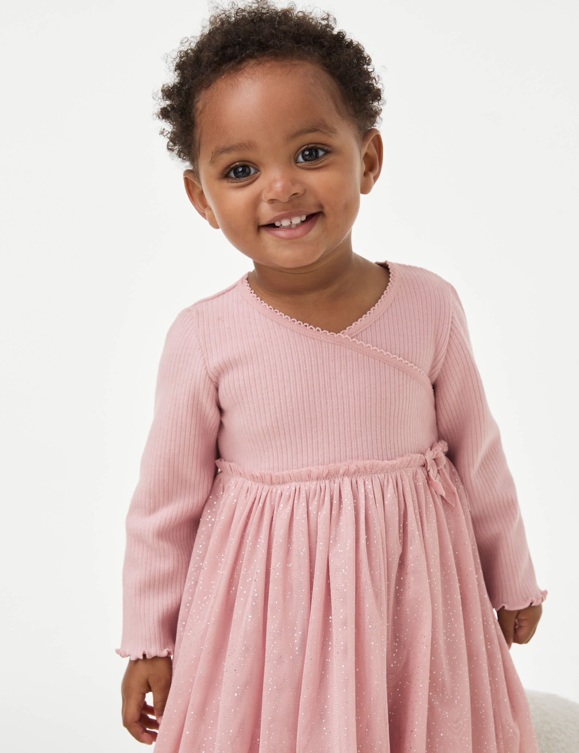 M&S Girls Jersey and Tulle Sparkly Dress (0-3 Yrs) - 3-6 M - Pink, Pink