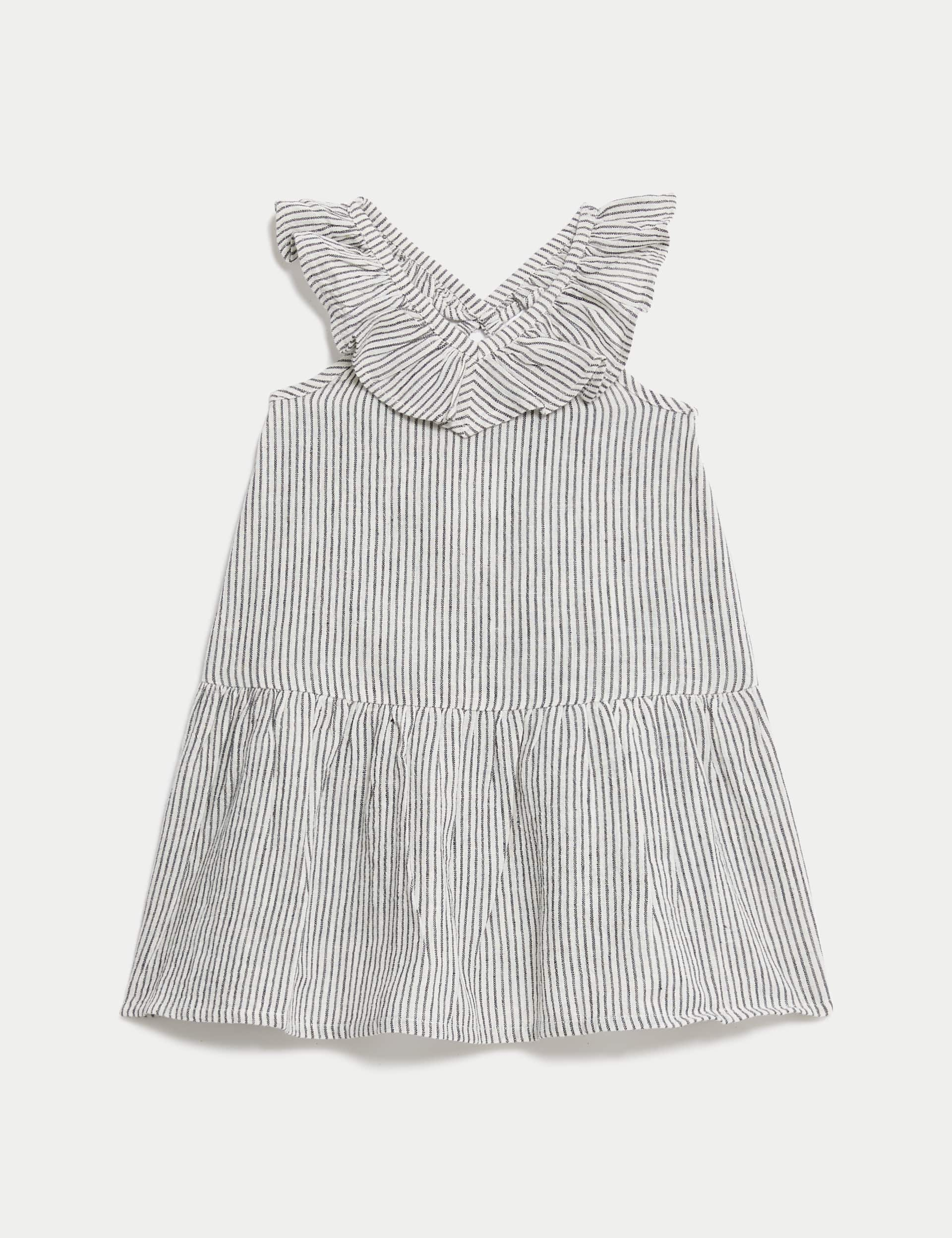 M&S Girls Cotton Rich Striped Dress (0-3 Yrs) - 9-12M - Charcoal, Charcoal