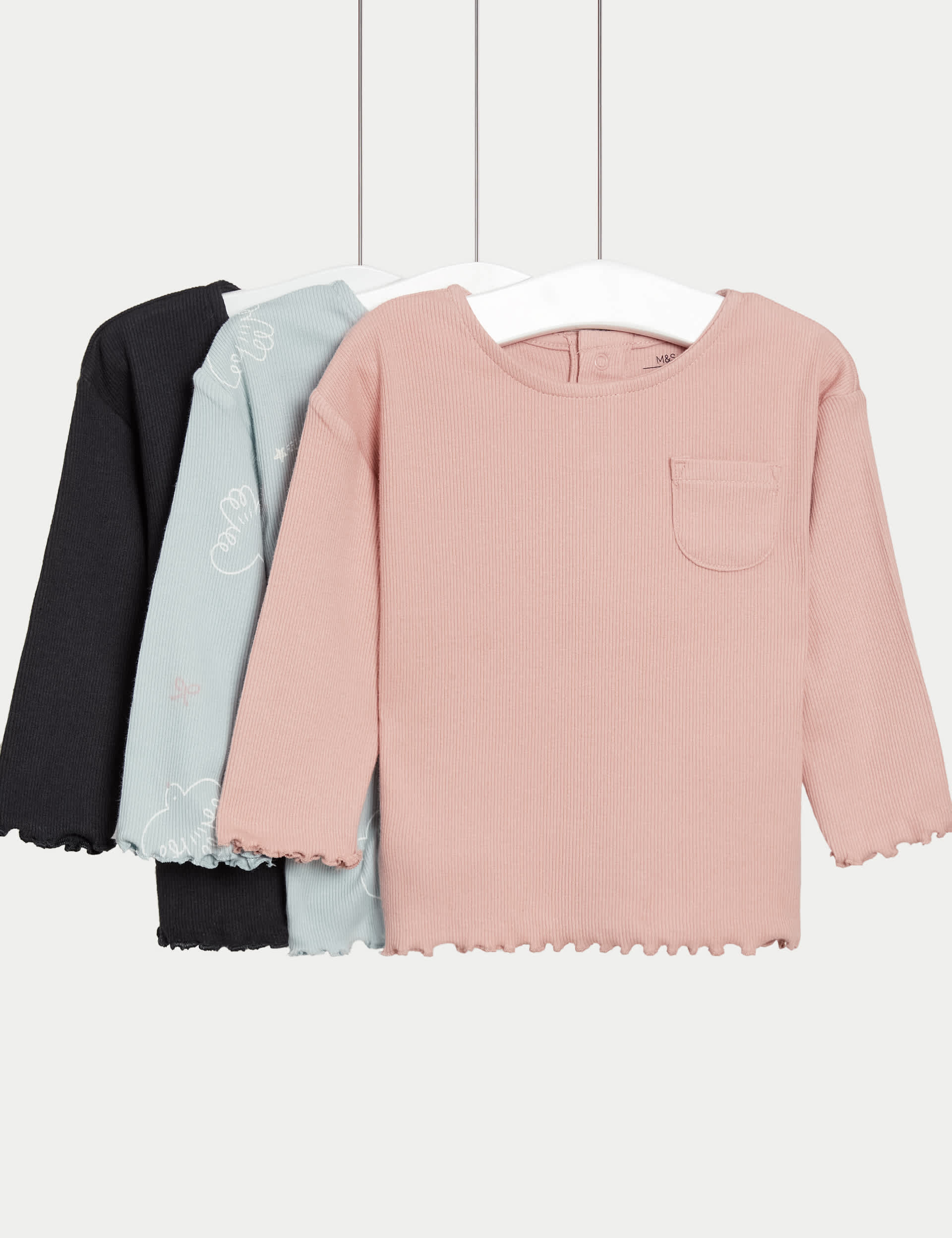 M&S Girls 3pk Cotton Rich Bird Print Tops (0-3 Yrs)