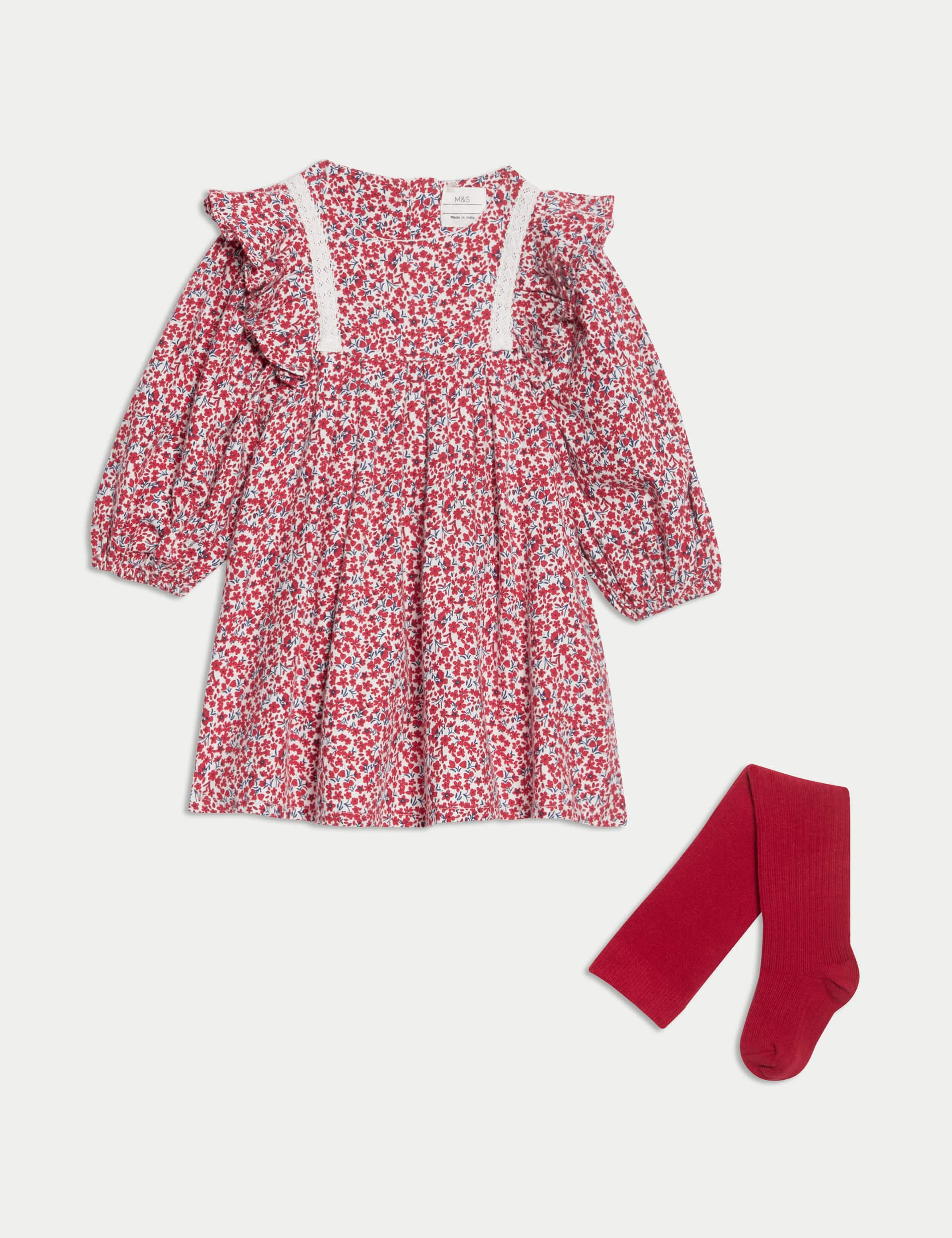 M&S Girls 2pc Cotton Ditsy Floral Dress with Tights (0 Mths-3 Yrs) - 3-6 M - Red Mix, Red Mix