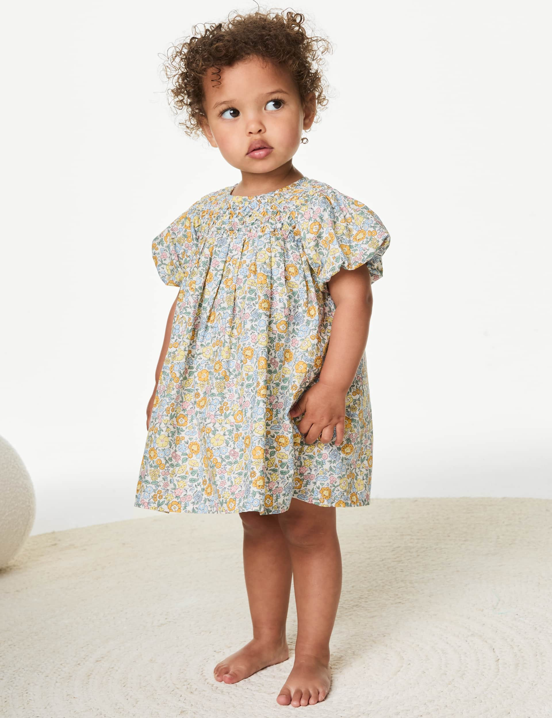 M&S Girls Pure Cotton Floral Dress (0-3 Yrs) - 12-18 - Yellow Mix, Yellow Mix,Red Mix