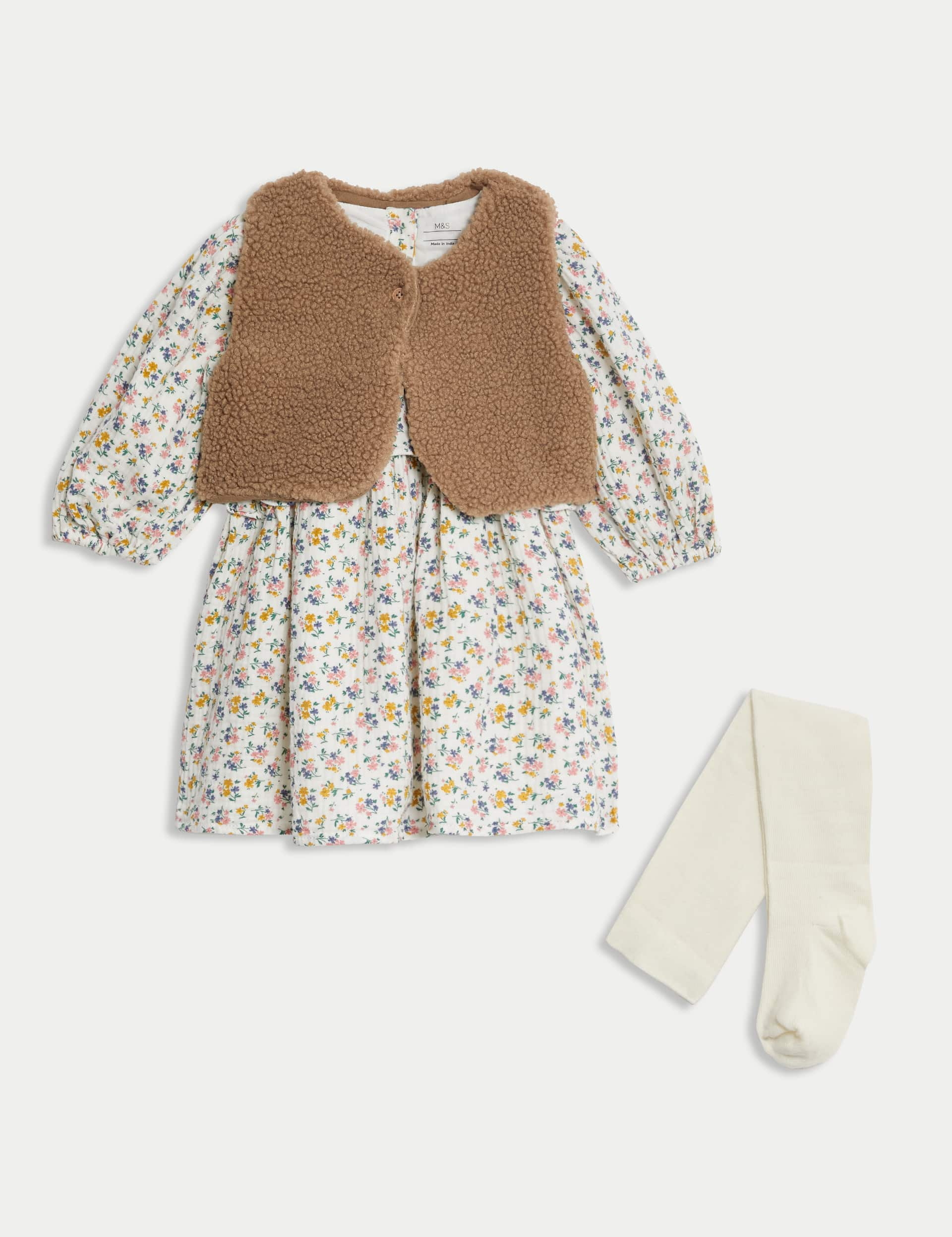 M&S Girls 3pc Cotton Rich Floral Dress Gilet and Tights (0-3 Yrs) - 3-6 M - Neutral, Neutral