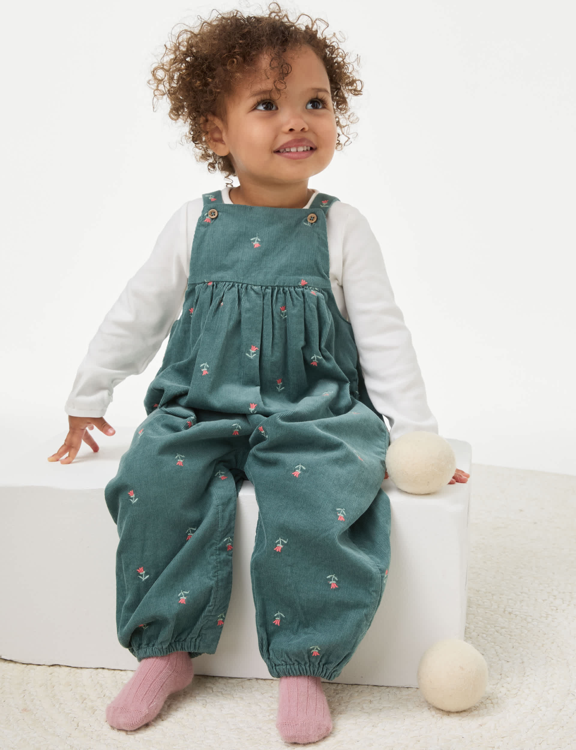 M&S Girls 2pc Cord Floral Embroidered Outfit (0-3 Yrs) - 2-3Y - Green, Green