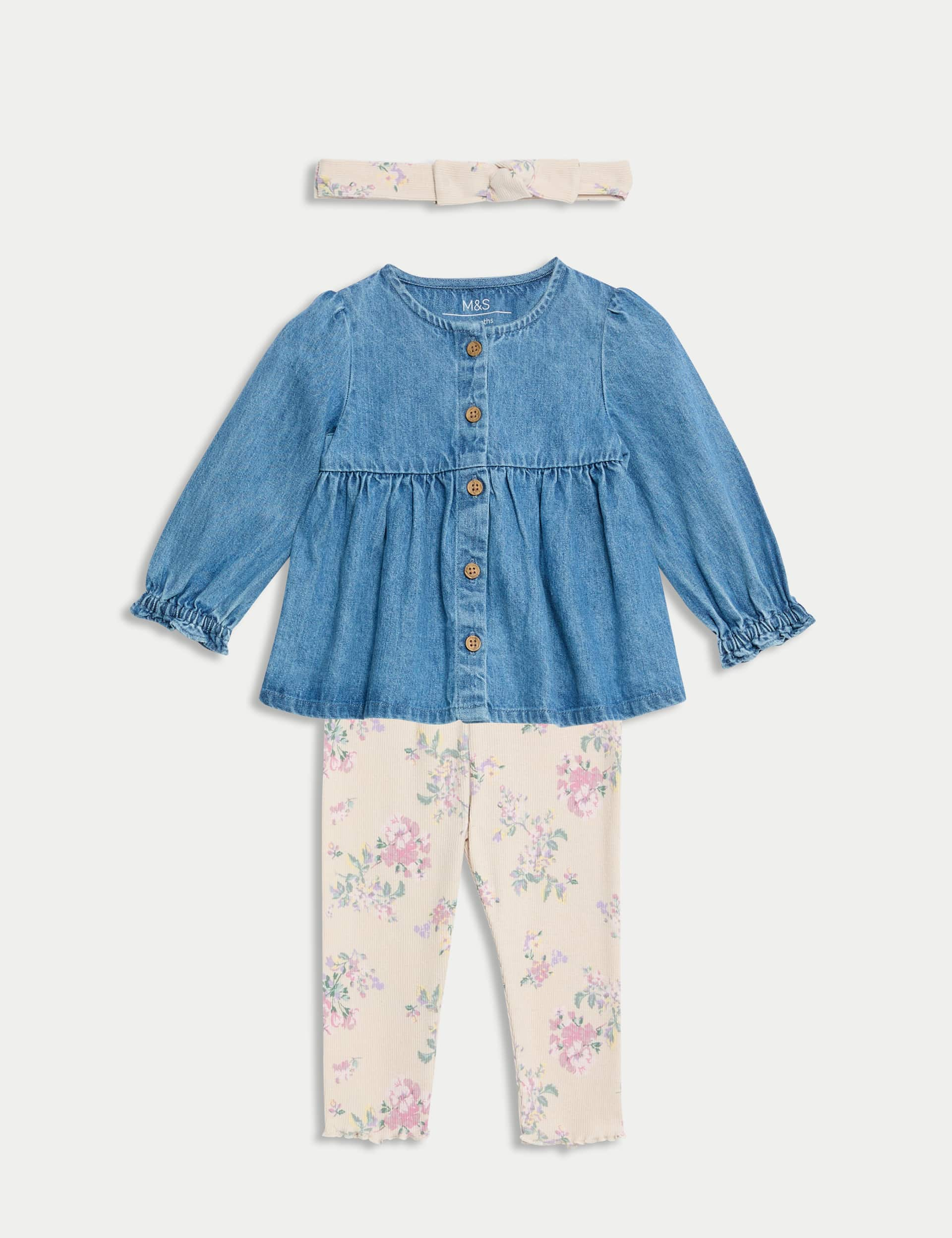 M&S Girls 3pc Cotton Rich Floral and Denim Outfit (0-3 Yrs) - 12-18 - Denim Mix, Denim Mix