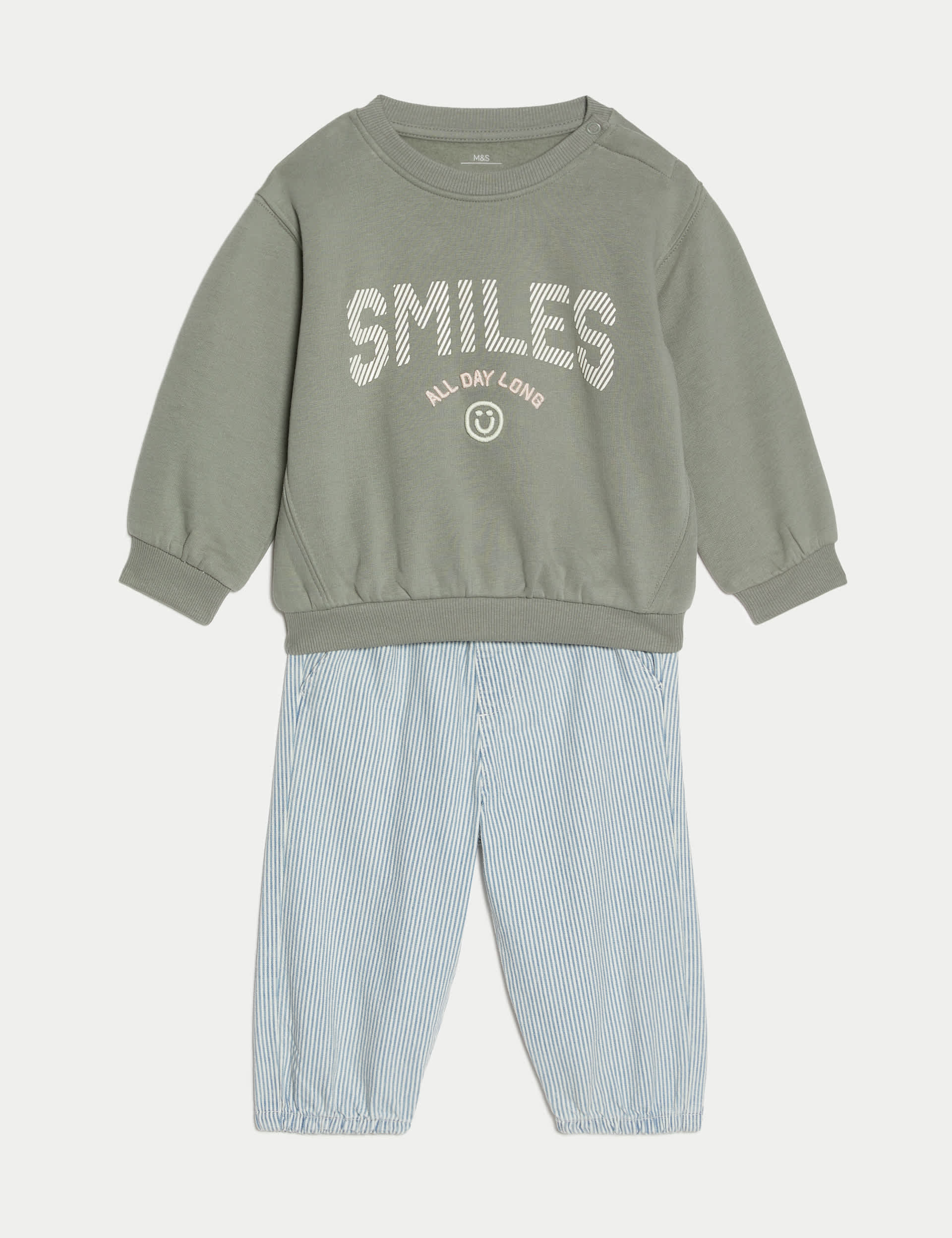 M&S Collection Girls 2pc Cotton Rich Smiles Top & Bottom Outfit (0-3 Yrs) - 12-18 - Green Mix, Green