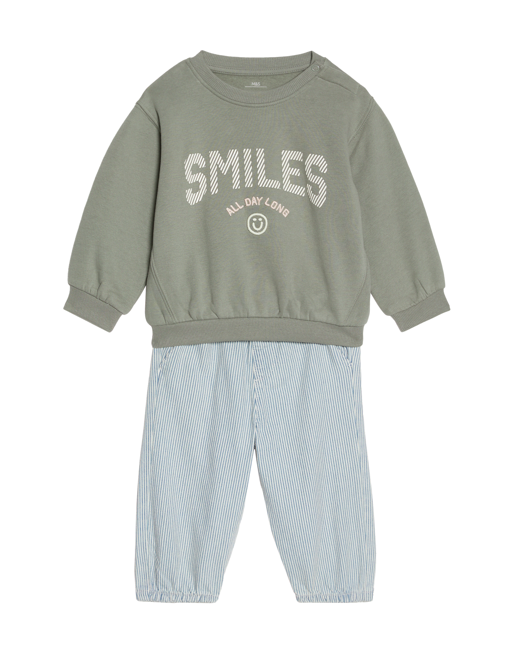 M&S Collection Girls 2pc Cotton Rich Smiles Top & Bottom Outfit (0-3 Yrs) - 12-18 - Green Mix, Green