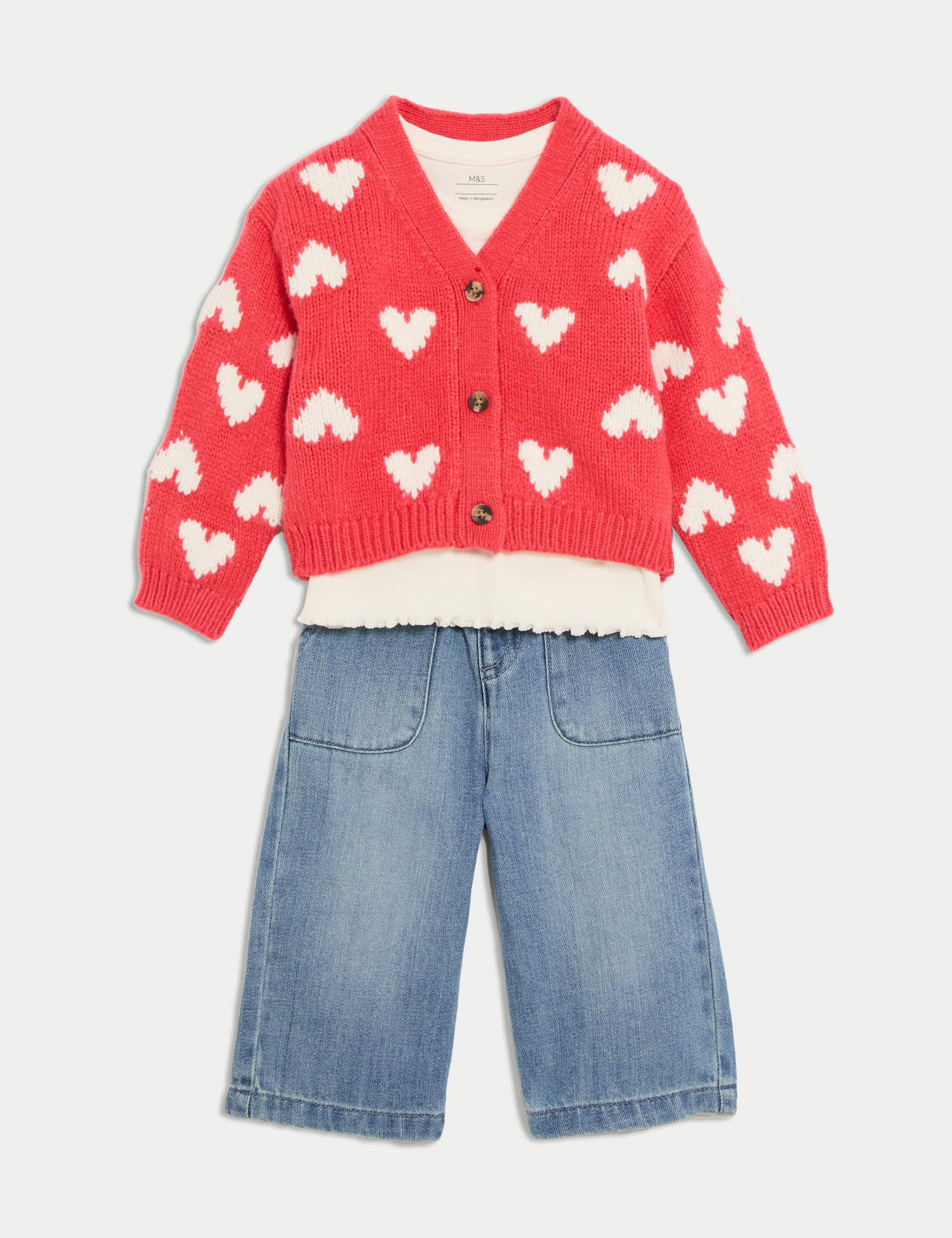 M&S Collection Girls 4pc Top & Bottom Outfit with Socks (0-6 Yrs) - 12-18 - Red Mix, Red Mix