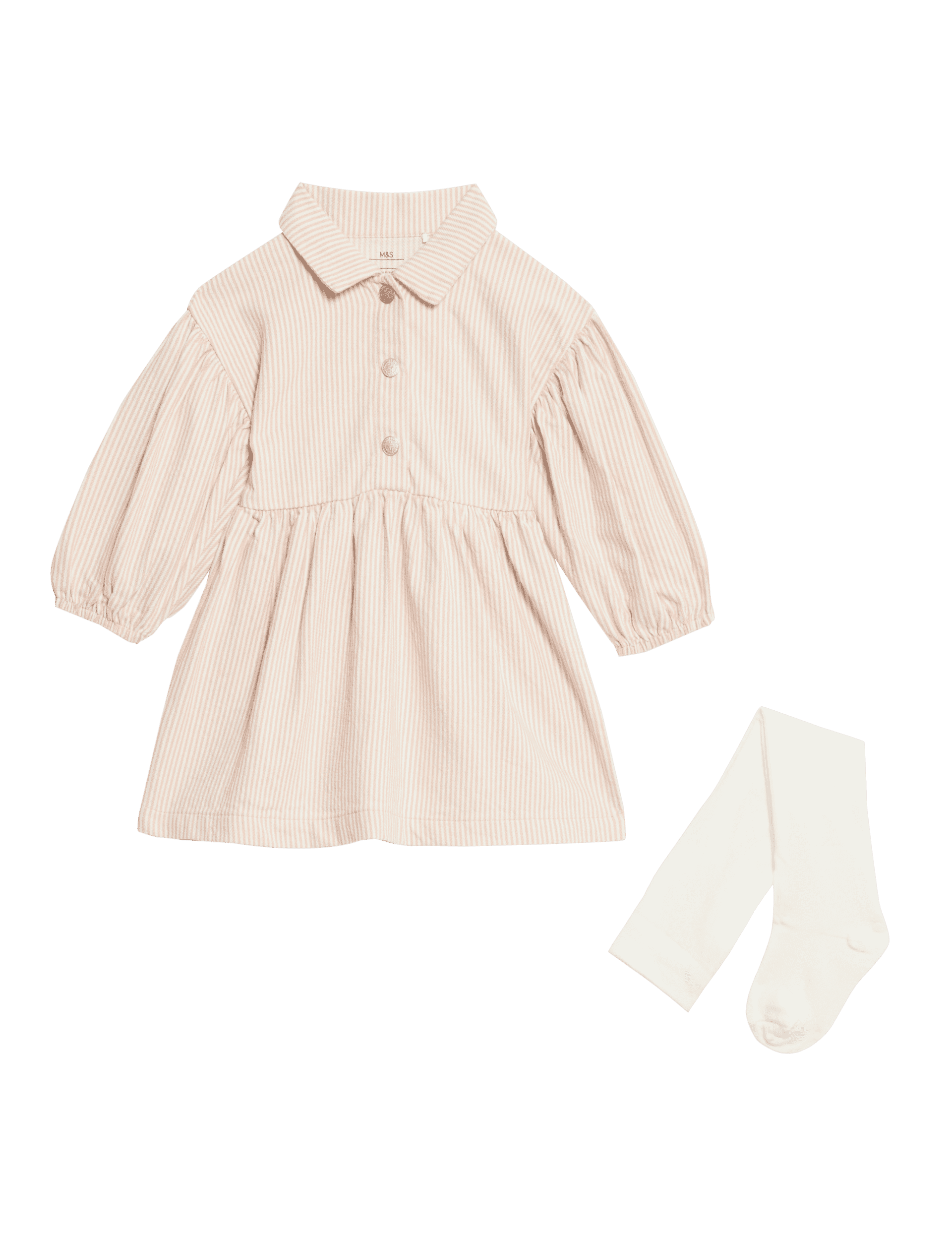 M&S Collection Girls 2pc Cotton Rich Striped Dress with Tights (0-3 Yrs) - 12-18 - Pink Mix, Pink Mi