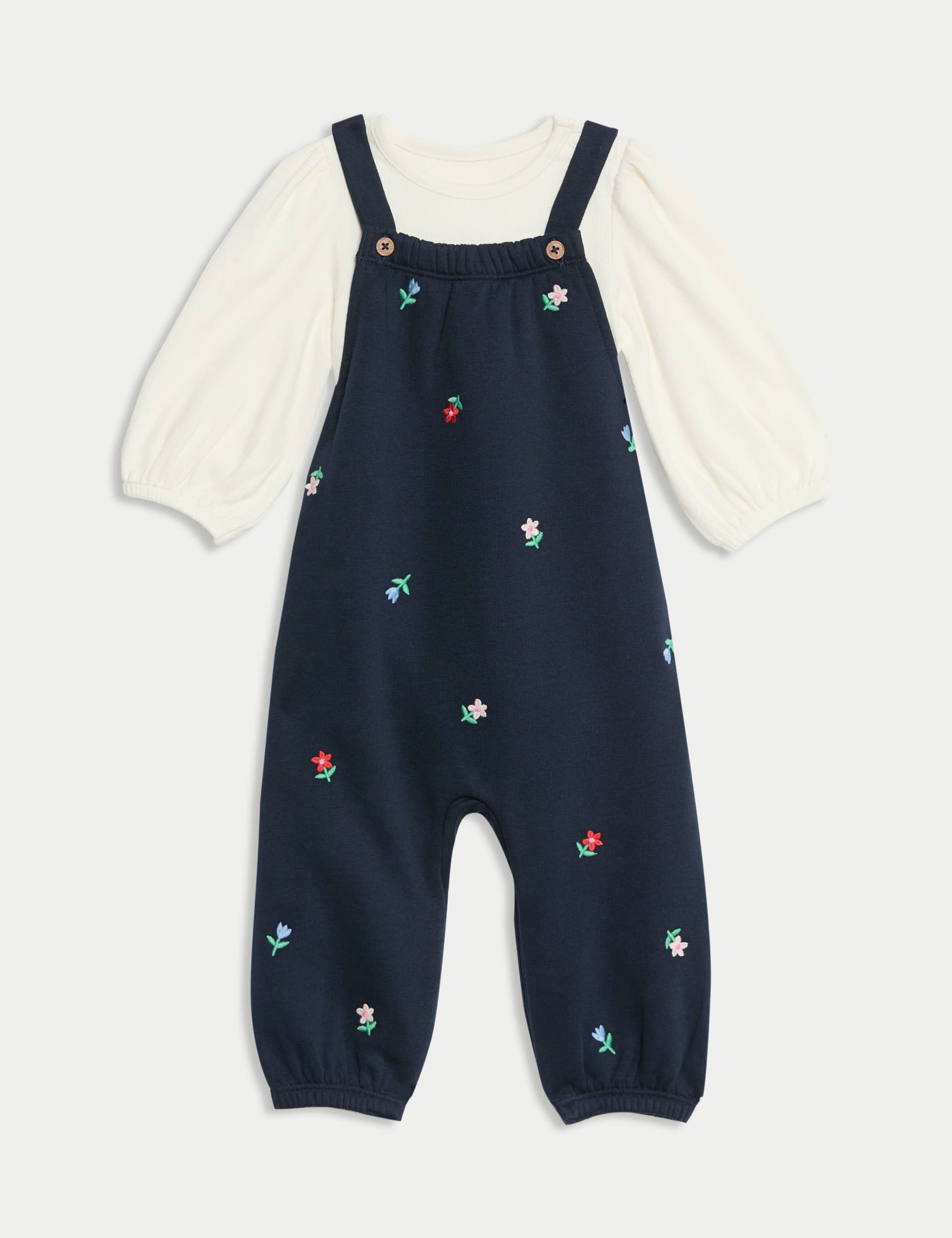 M&S Collection Girls 2pc Cotton Rich Floral Dungarees Outfit (0-3 Yrs) - 0-3 M - Navy, Navy