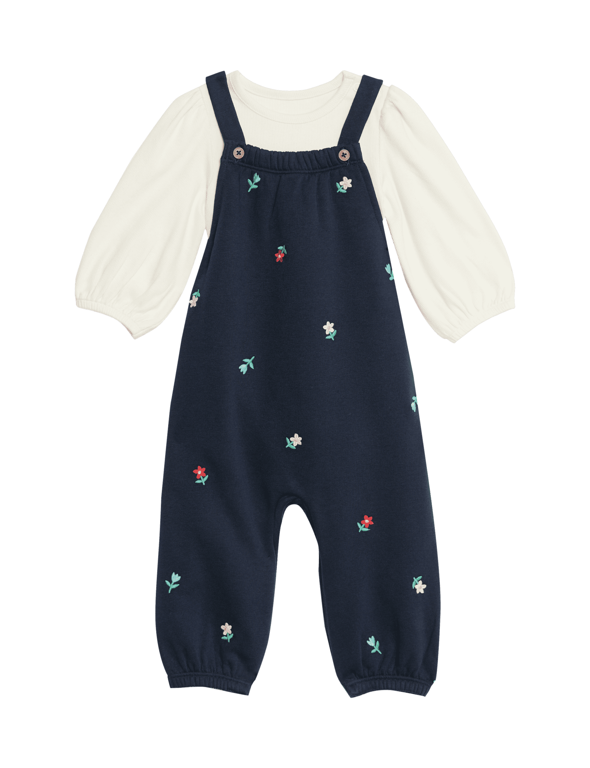 M&S Collection Girls 2pc Cotton Rich Floral Dungarees Outfit (0-3 Yrs) - 12-18 - Navy, Navy