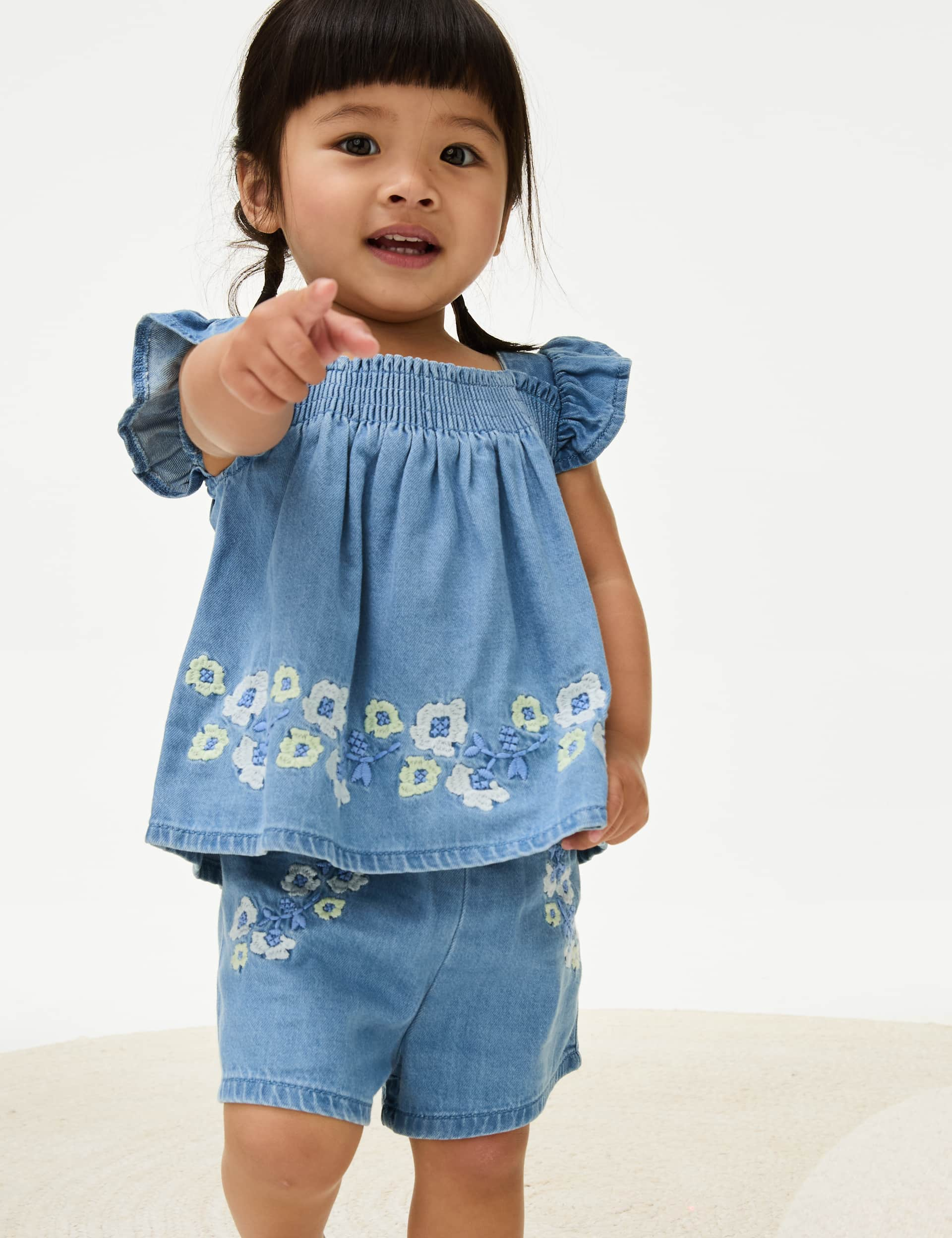 M&S Girls 2pc Denim Floral Outfit (0-3 Yrs) - 12-18, Denim