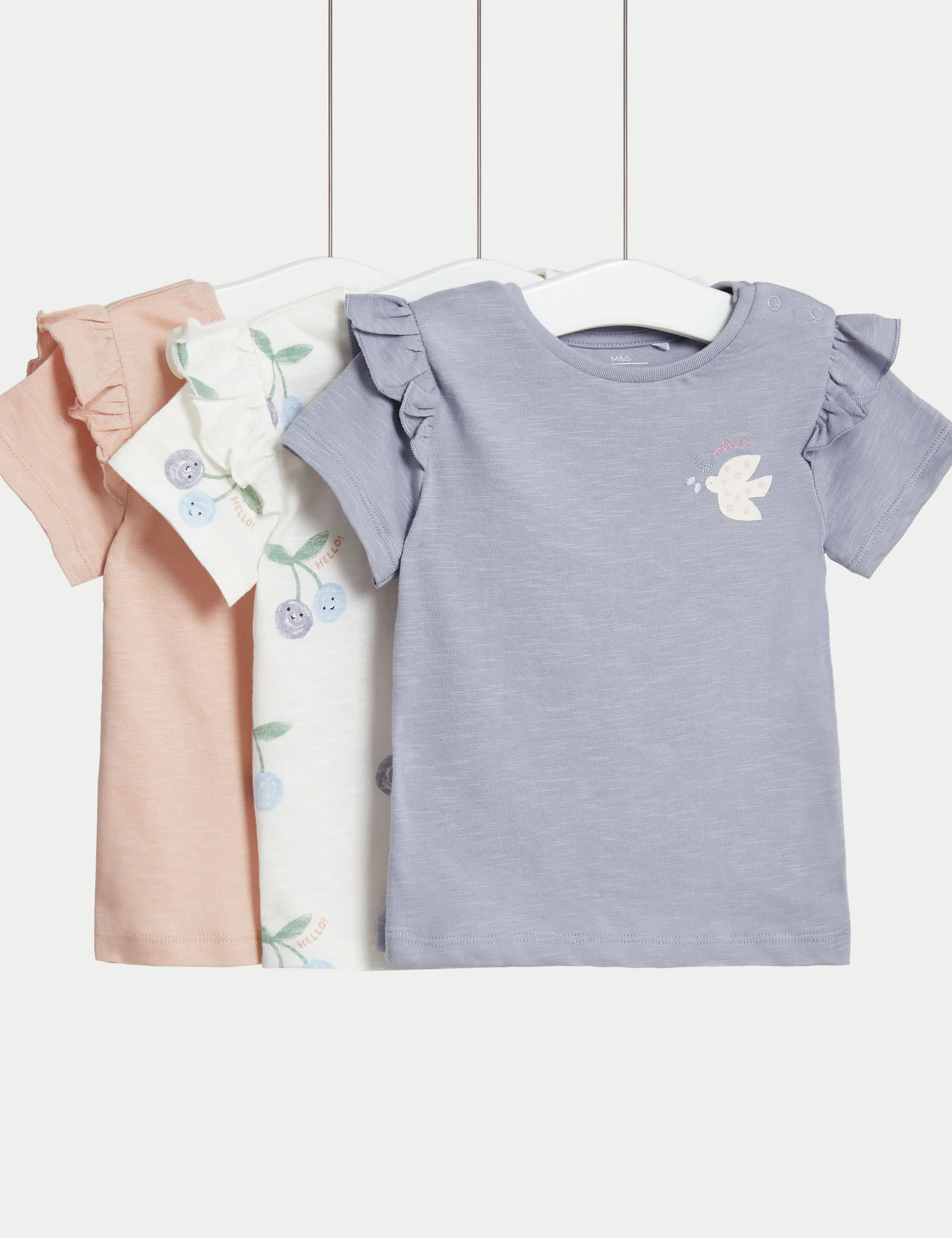 M&S Girls 3pk Pure Cotton Frill Sleeve T-Shirts (0-3 Yrs) - 2-3Y - Multi, Multi