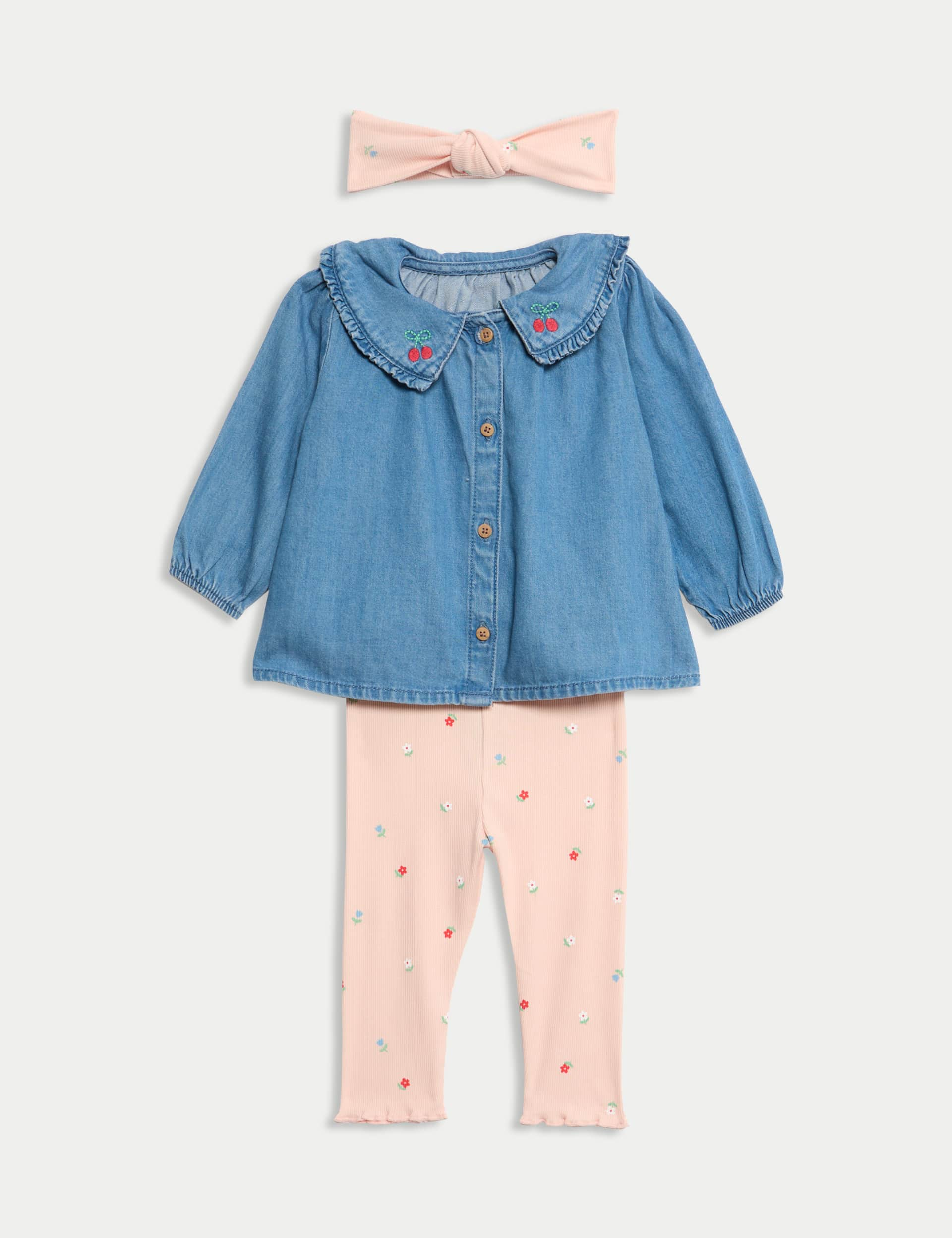 M&S Collection Girls 3pc Cotton Rich Top & Bottom Outfit (0 Mths-6 Yrs) - 4-5Y - Denim, Denim