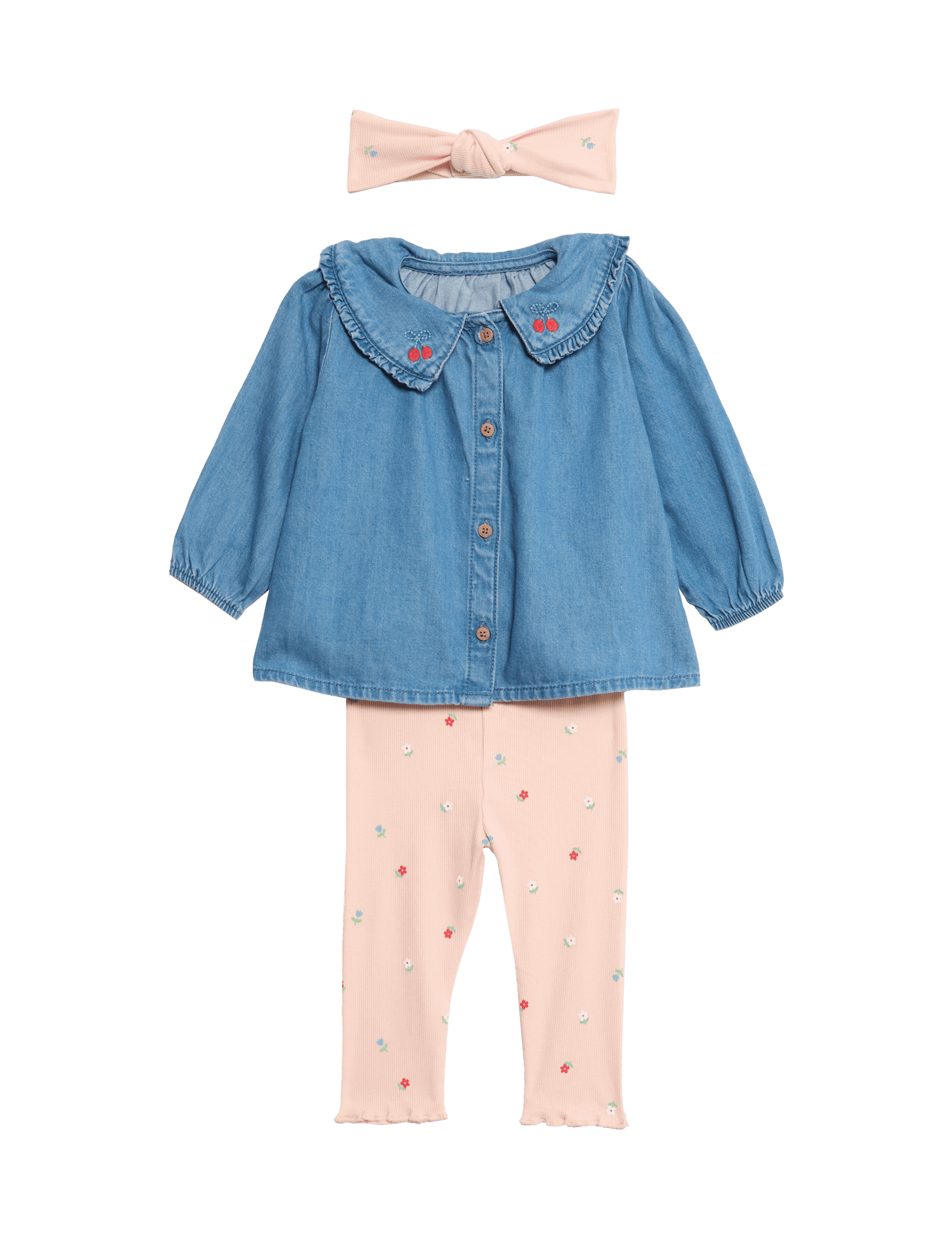 M&S Collection Girls 3pc Cotton Rich Top & Bottom Outfit (0 Mths-6 Yrs) - 4-5Y - Denim, Denim