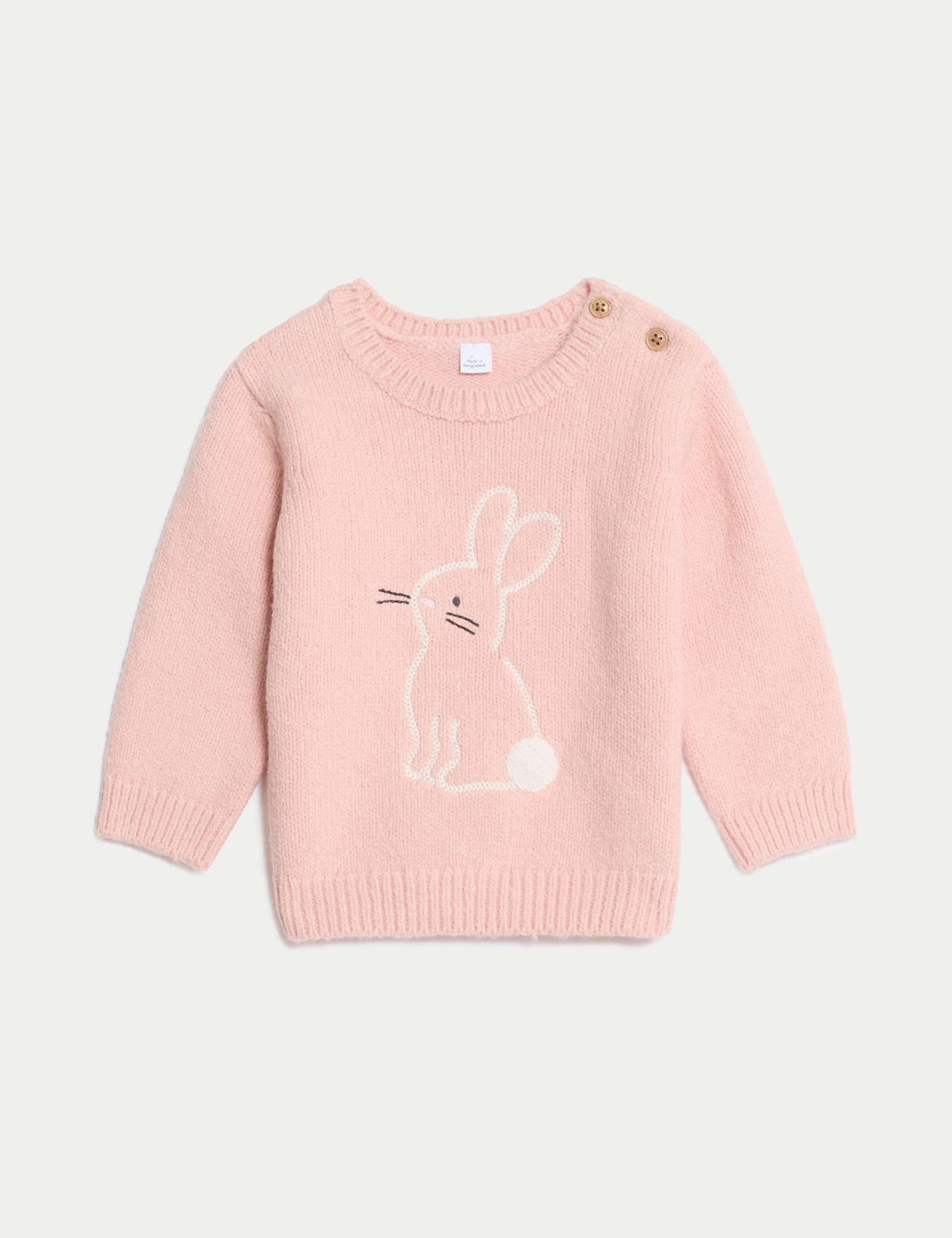 M&S Girls Cotton Rich Bunny Jumper (0-3 Yrs) - 0-3 M - Pink Mix, Pink Mix