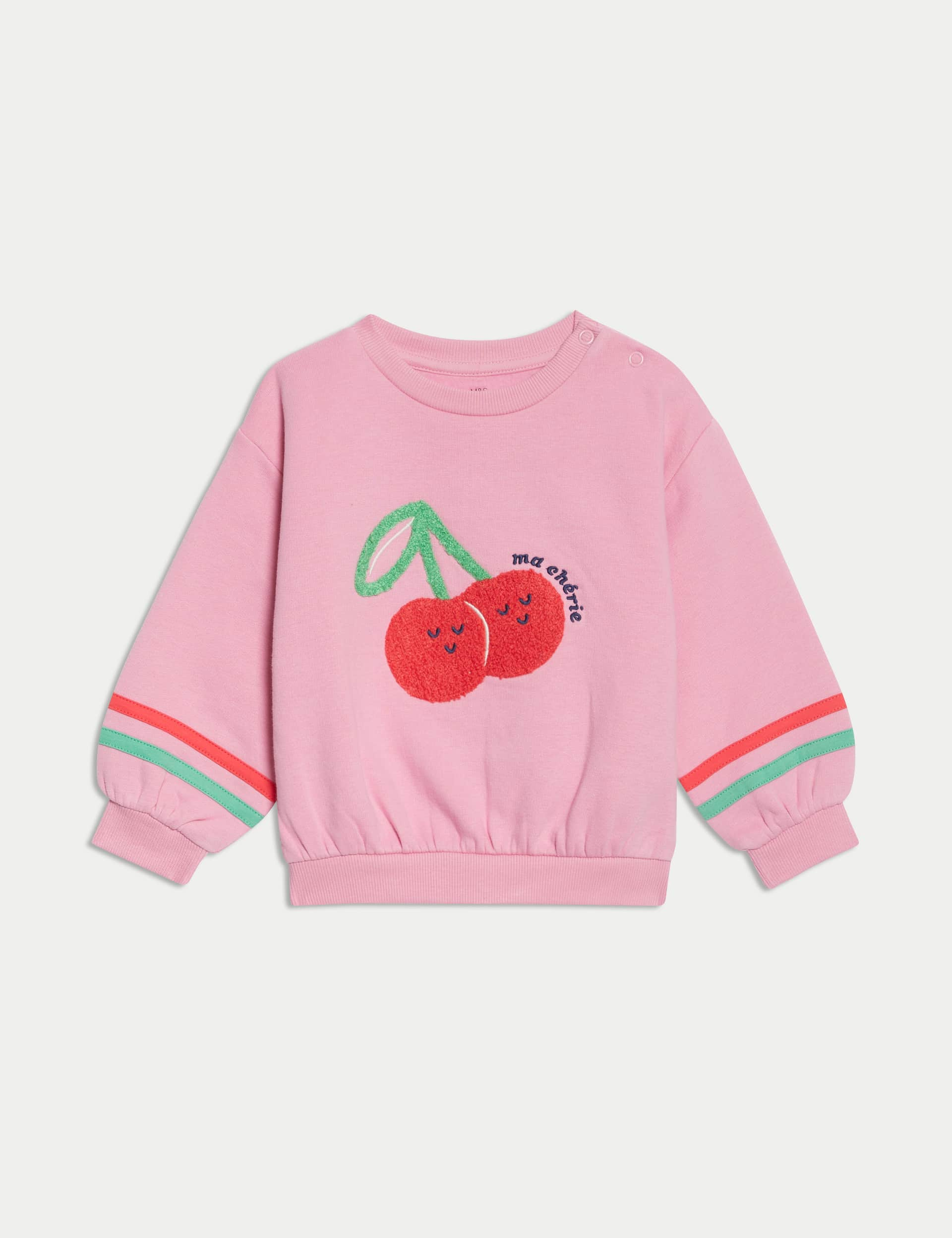 M&S Collection Girls Cotton Rich Cherry Embroidery Sweatshirt (0-6 Yrs) - 5-6Y - Pink, Pink