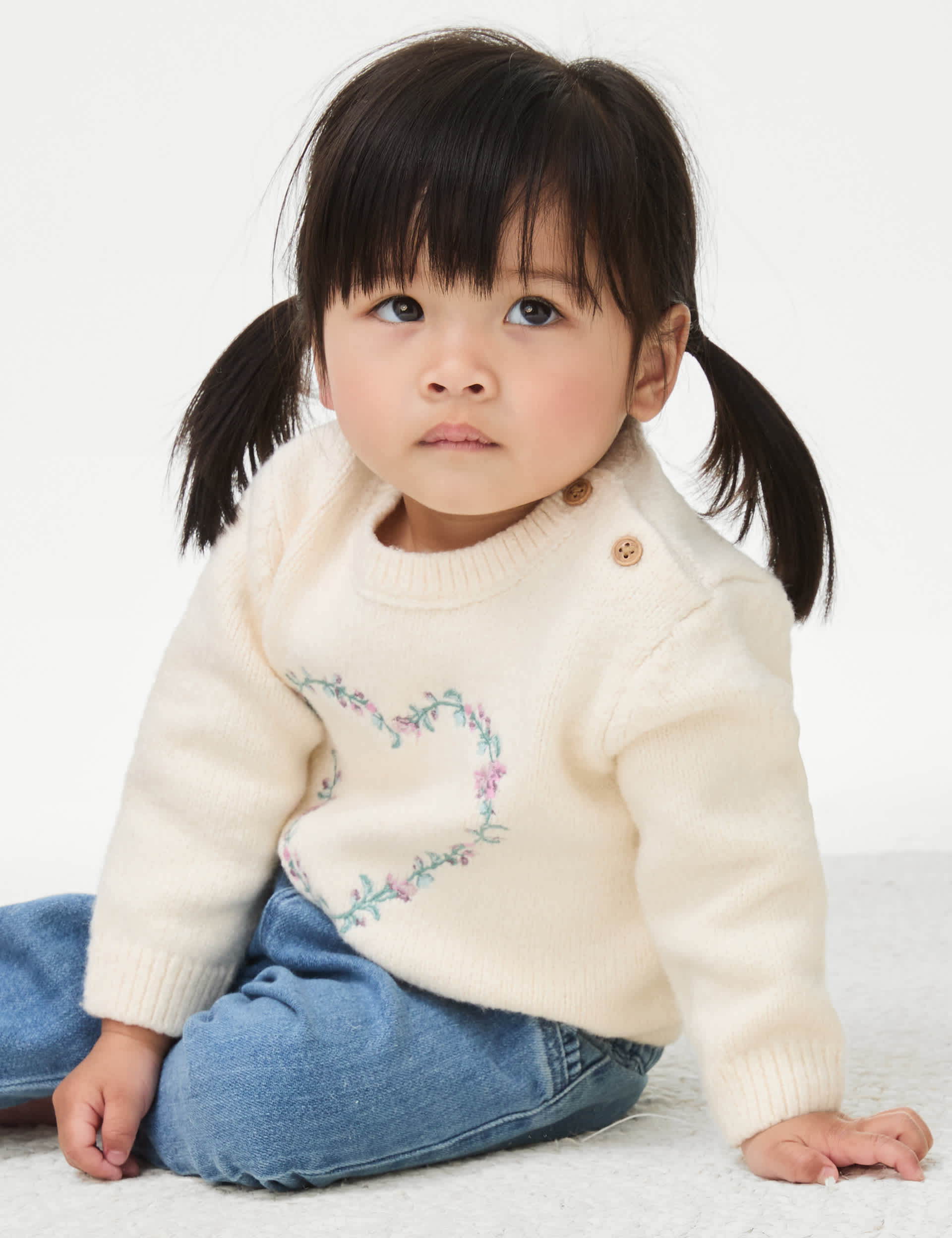 M&S Girls Cotton Rich Floral Heart Jumper (0-3 Yrs)