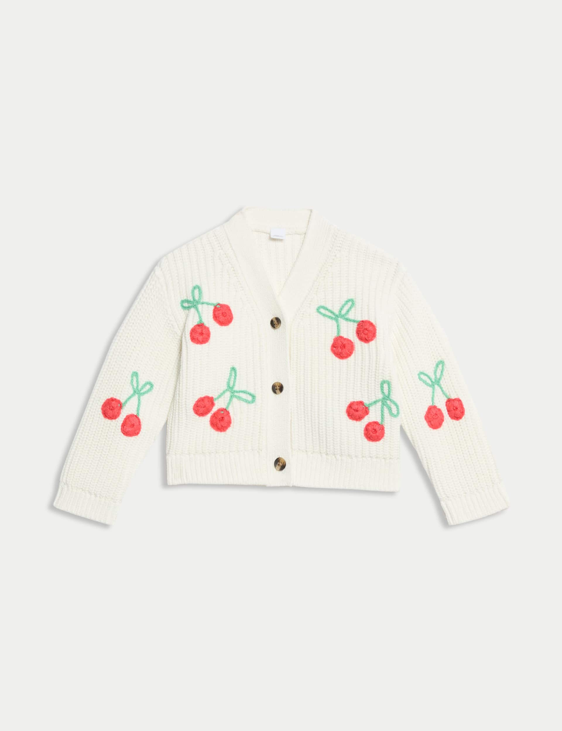 M&S Collection Girls Pure Cotton Knitted Cherry Cardigan (0-6 Yrs) - 4-5Y - Cream, Cream