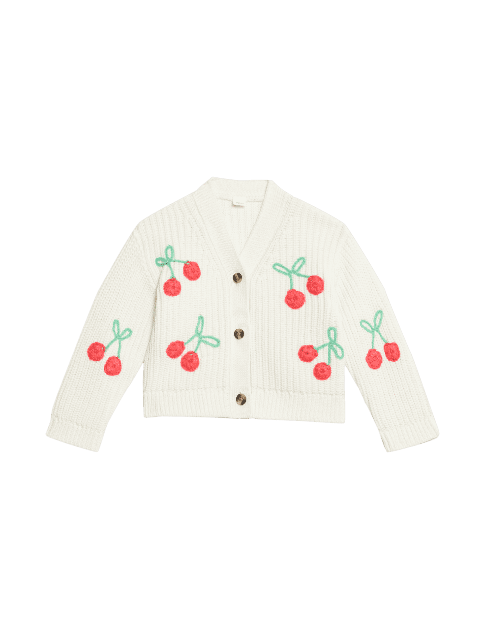 M&S Collection Girls Pure Cotton Knitted Cherry Cardigan (0-6 Yrs) - 9-12M - Cream, Cream