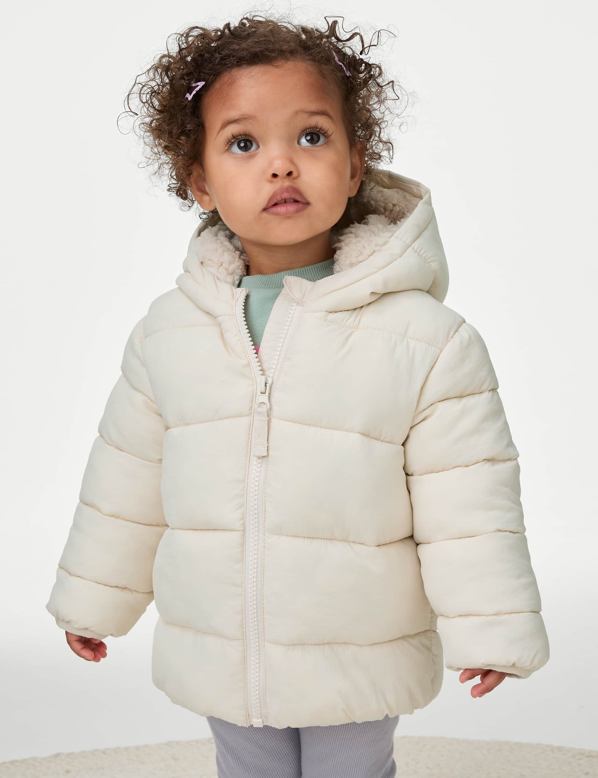 M&S Girls Stormwear Padded Hooded Jacket (0-3 Yrs) - 3-6 M - Cream, Pink,Cream