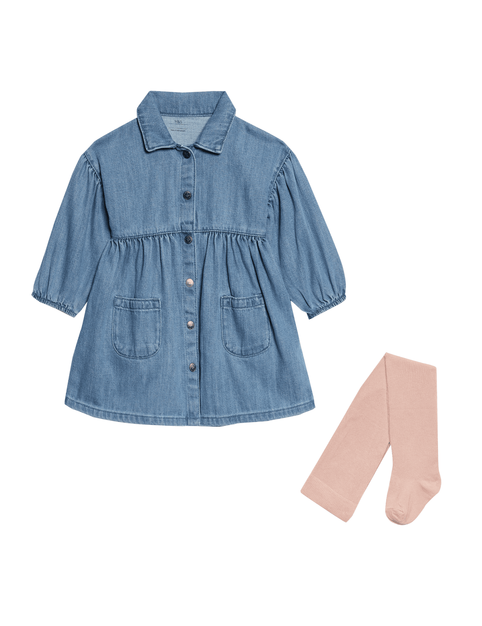 M&S Collection Girls 2pc Denim Dress with Tights (0-6 Yrs) - 3-6 M - Blue Denim, Blue Denim