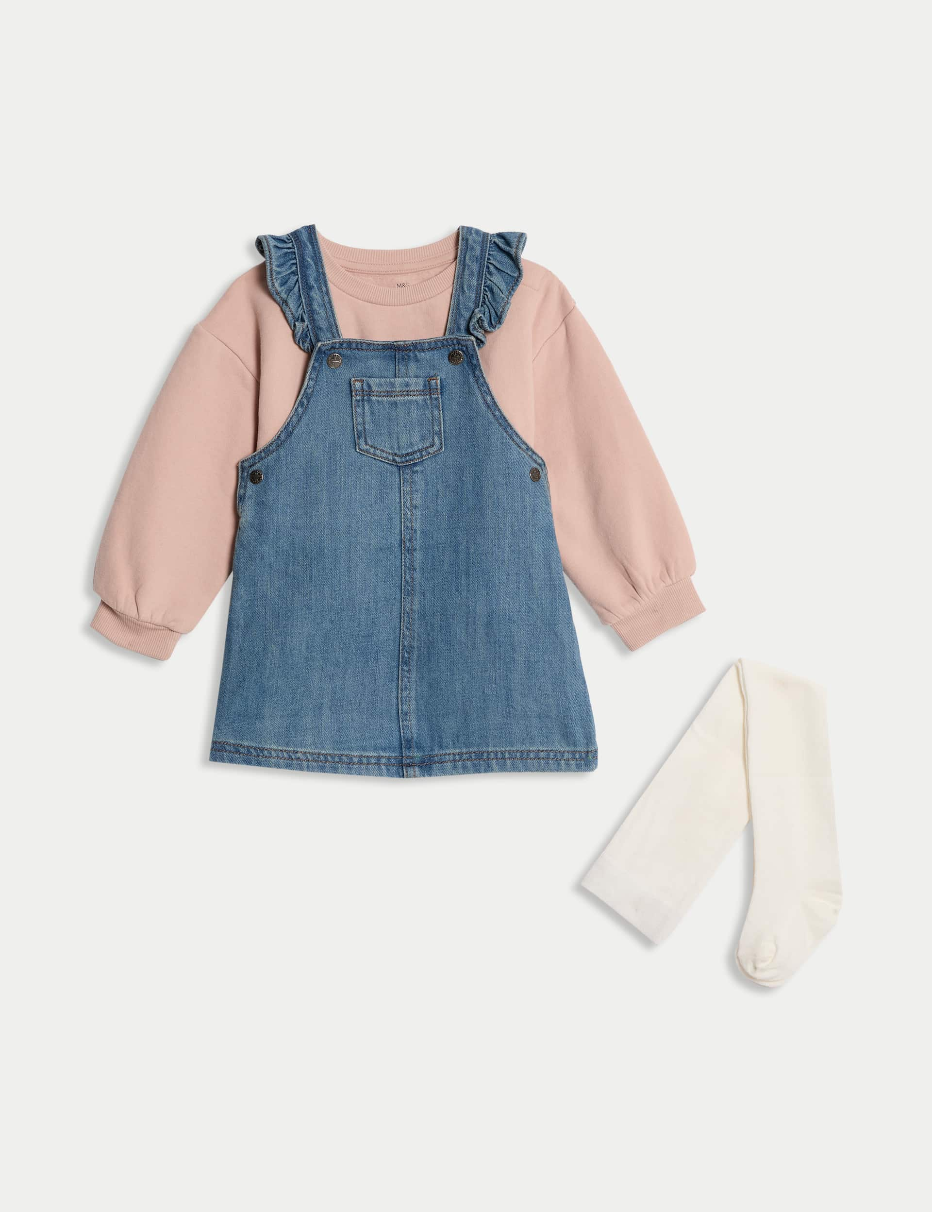 M&S Collection Girls 3pc Cotton Rich Denim Pinnie Outfit (0-3 Yrs) - 12-18, Denim