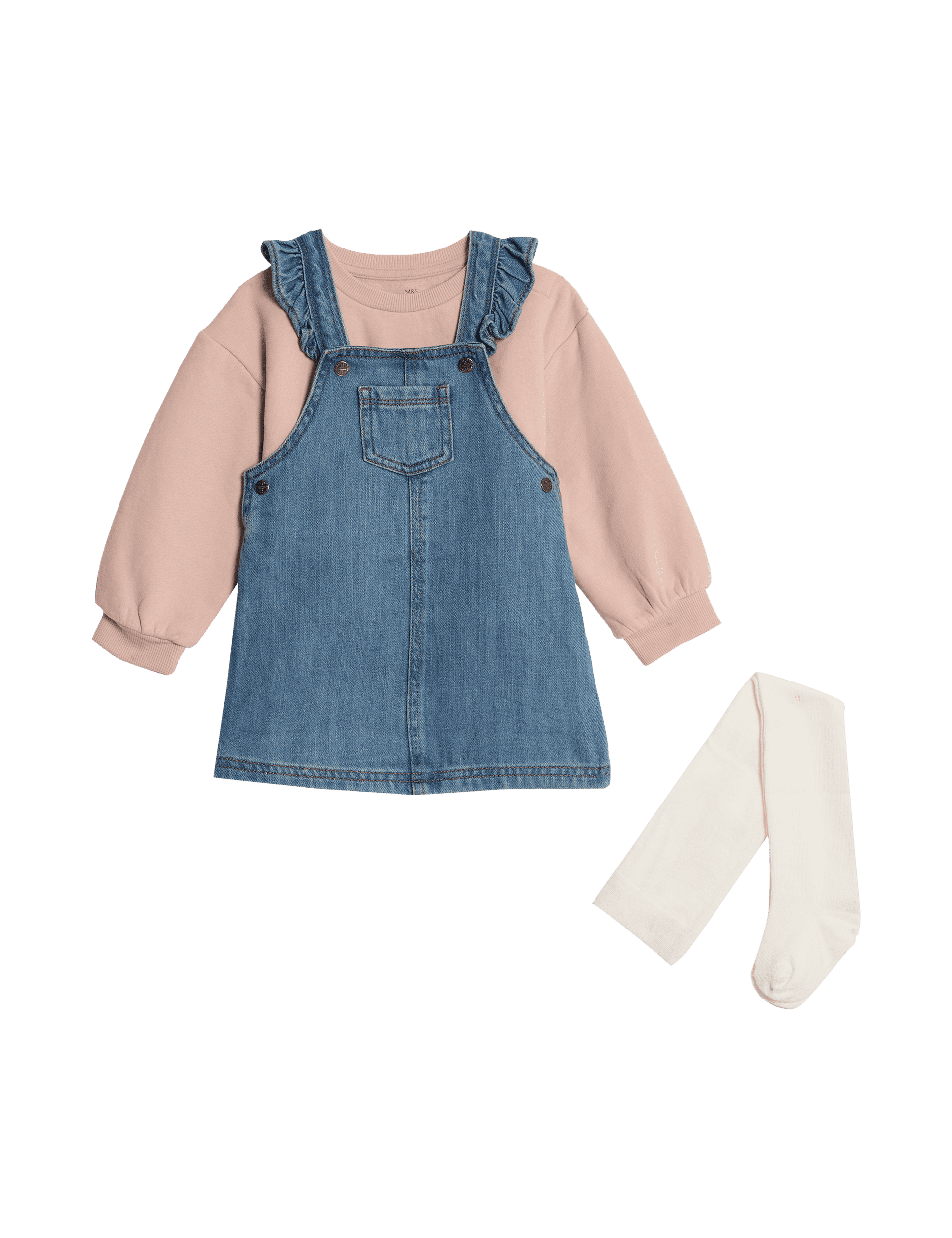 M&S Collection Girls 3pc Cotton Rich Denim Pinnie Outfit (0-3 Yrs) - 12-18, Denim