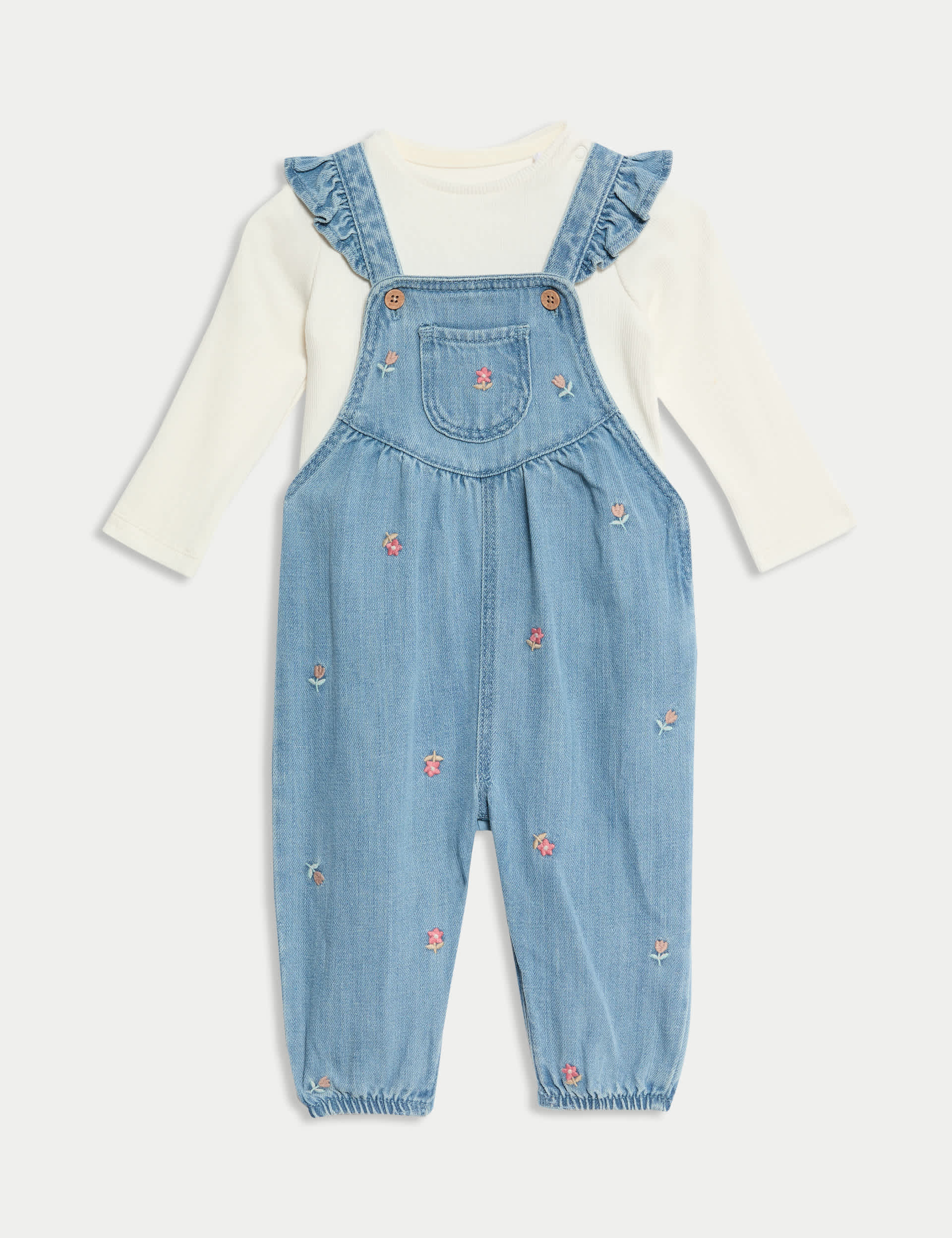 M&S Collection Girls 2pc Denim Embroidered Dungaree Outfit (0-3 Yrs) - 3-6 M, Denim