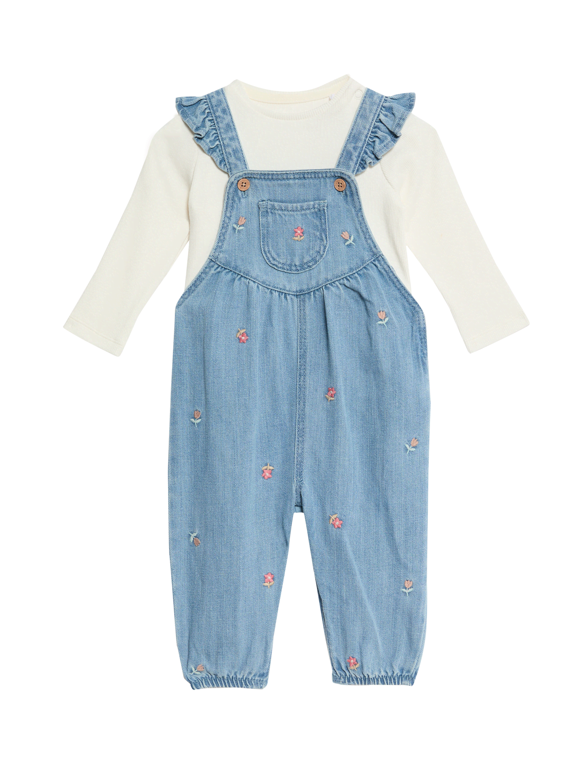 M&S Collection Girls 2pc Denim Embroidered Dungaree Outfit (0-3 Yrs) - 3-6 M, Denim