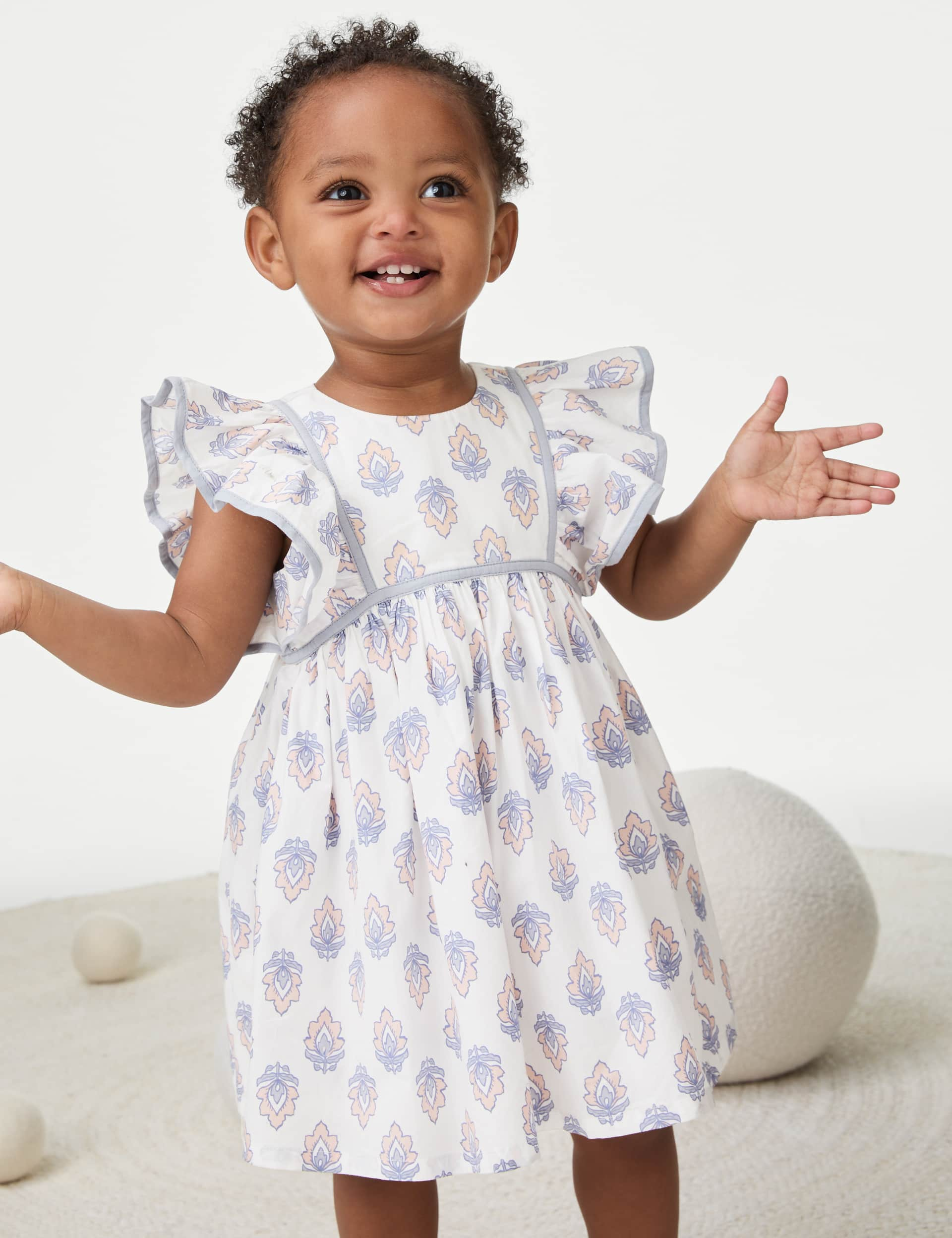 M&S Girls Pure Cotton Printed Dress (0-3 Yrs) - 12-18 - Ivory Mix, Ivory Mix