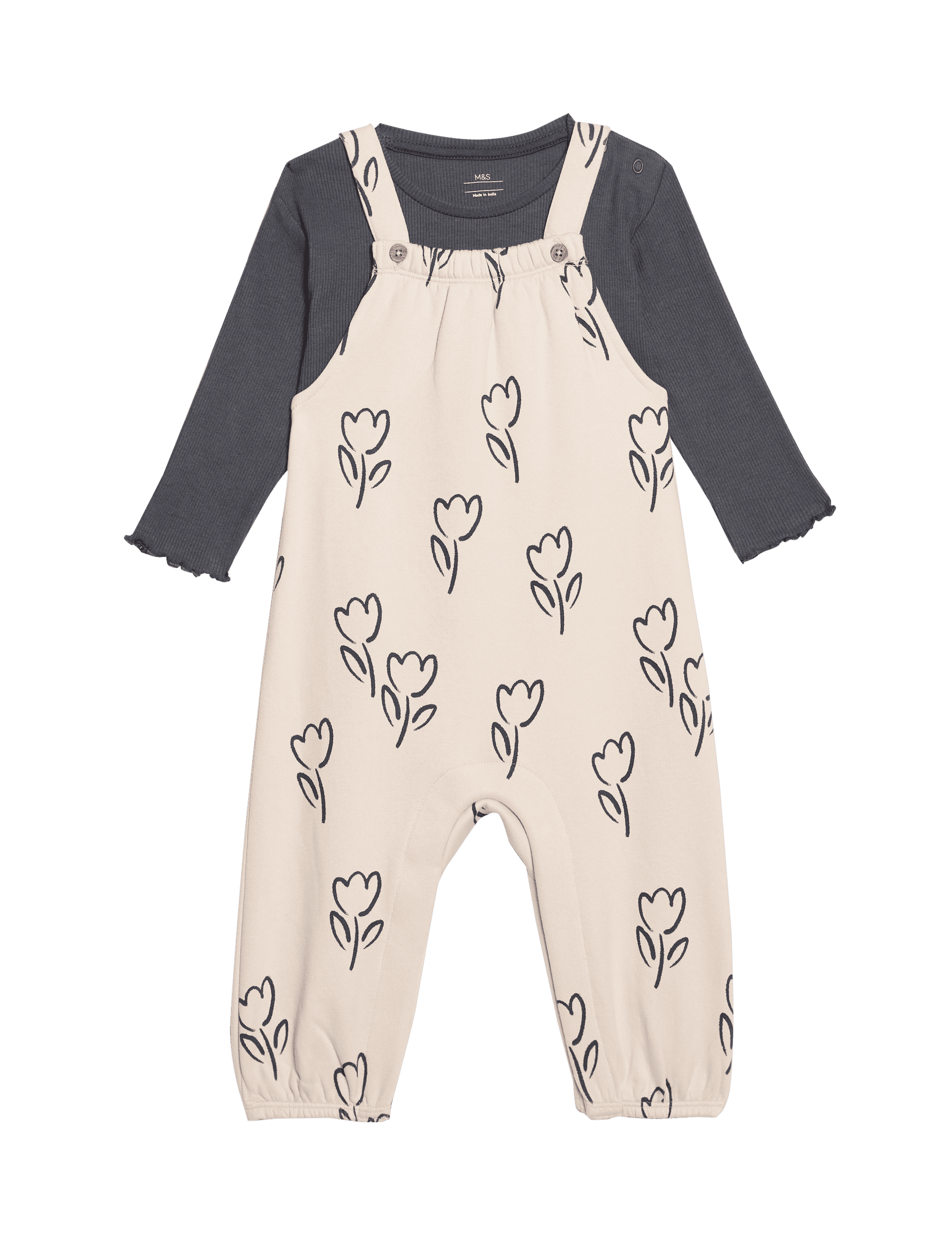 M&S Collection Girls 2pc Jersey Tulip Print Dungarees Outfit (0-3 Yrs) - 12-18 - Calico Mix, Calico 