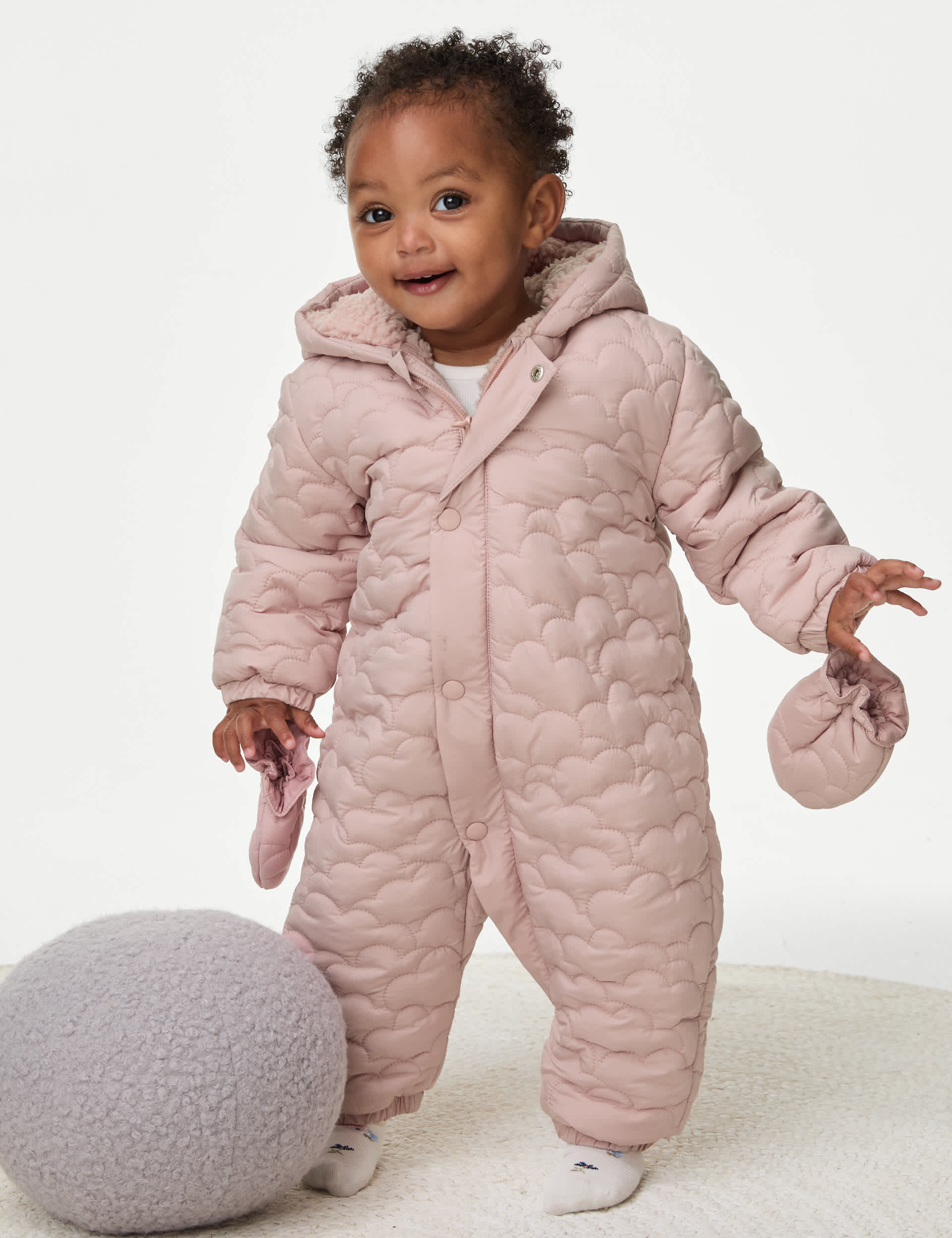 M&S Girls Padded Snowsuit (0-3 Yrs) - 12-18 - Pink, Pink,Cream