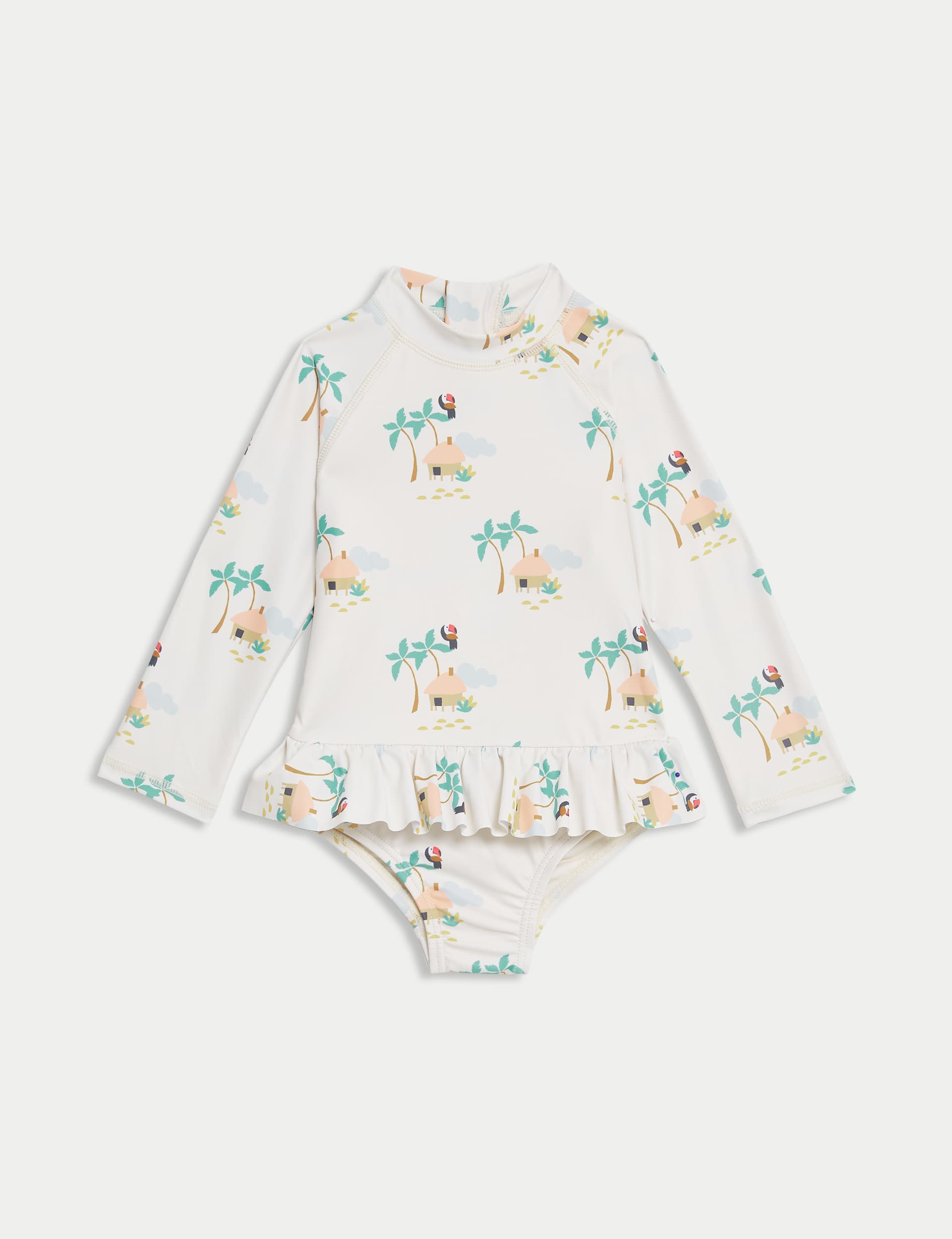 M&S Girls Palm Tree Long Sleeve Swimsuit (0-3 Yrs) - 18-24 - Cream Mix, Cream Mix