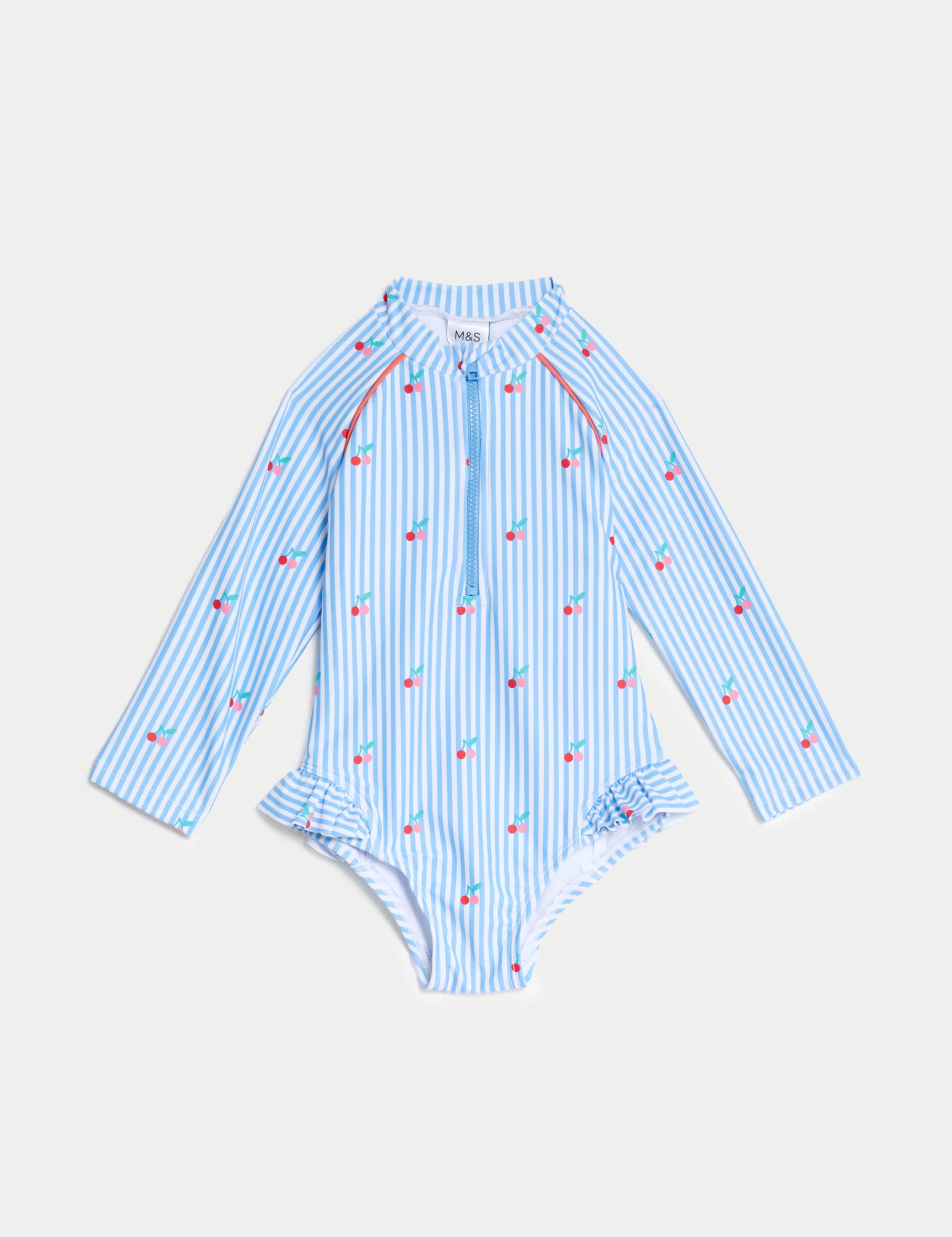 M&S Girls Striped Cherry Long Sleeve Swimsuit (0-3 Yrs) - 18-24 - Blue Mix, Blue Mix