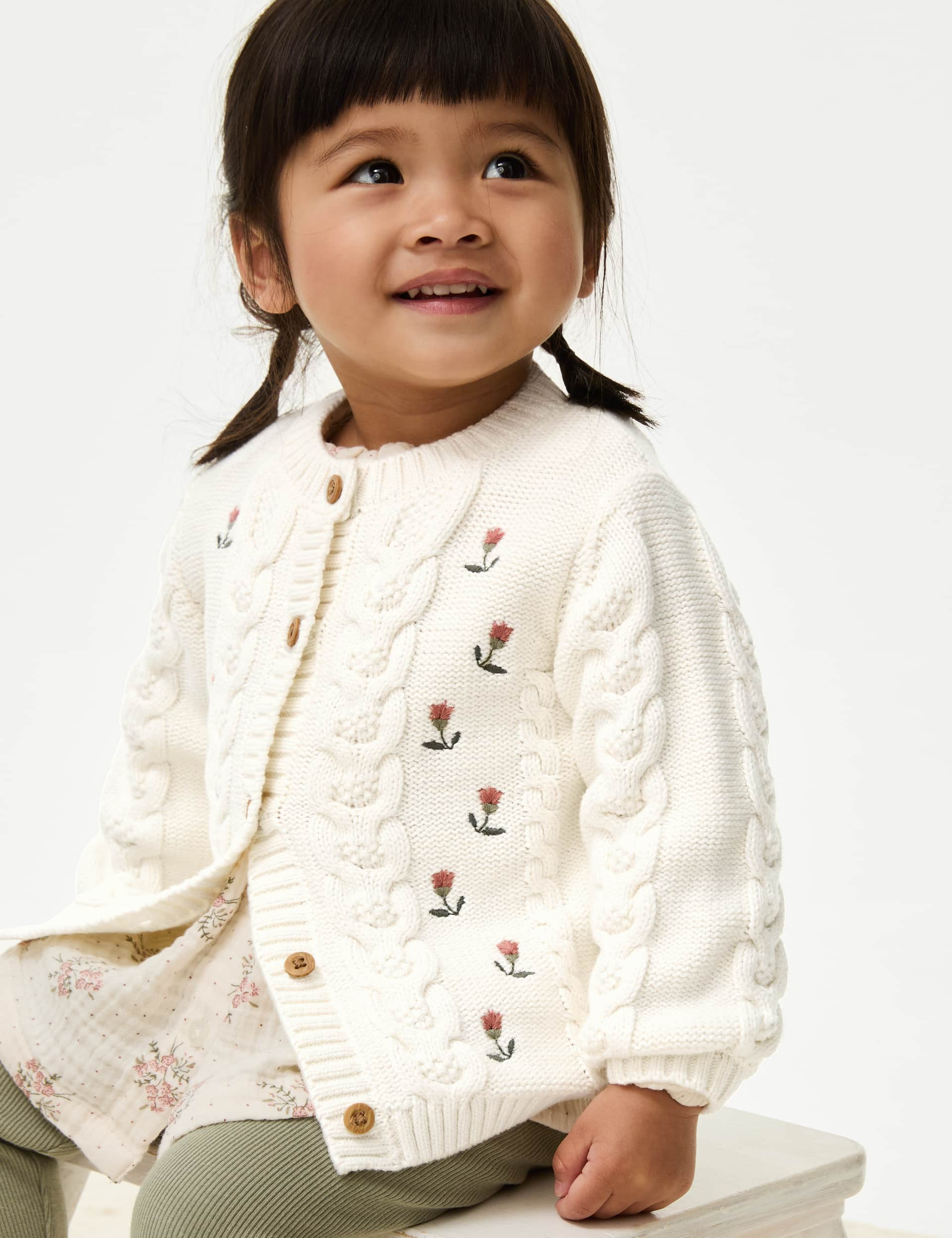 M&S Girls Pure Cotton Cable Knit Cardigan (0-36 Mths) - 12-18 - Cream, Cream