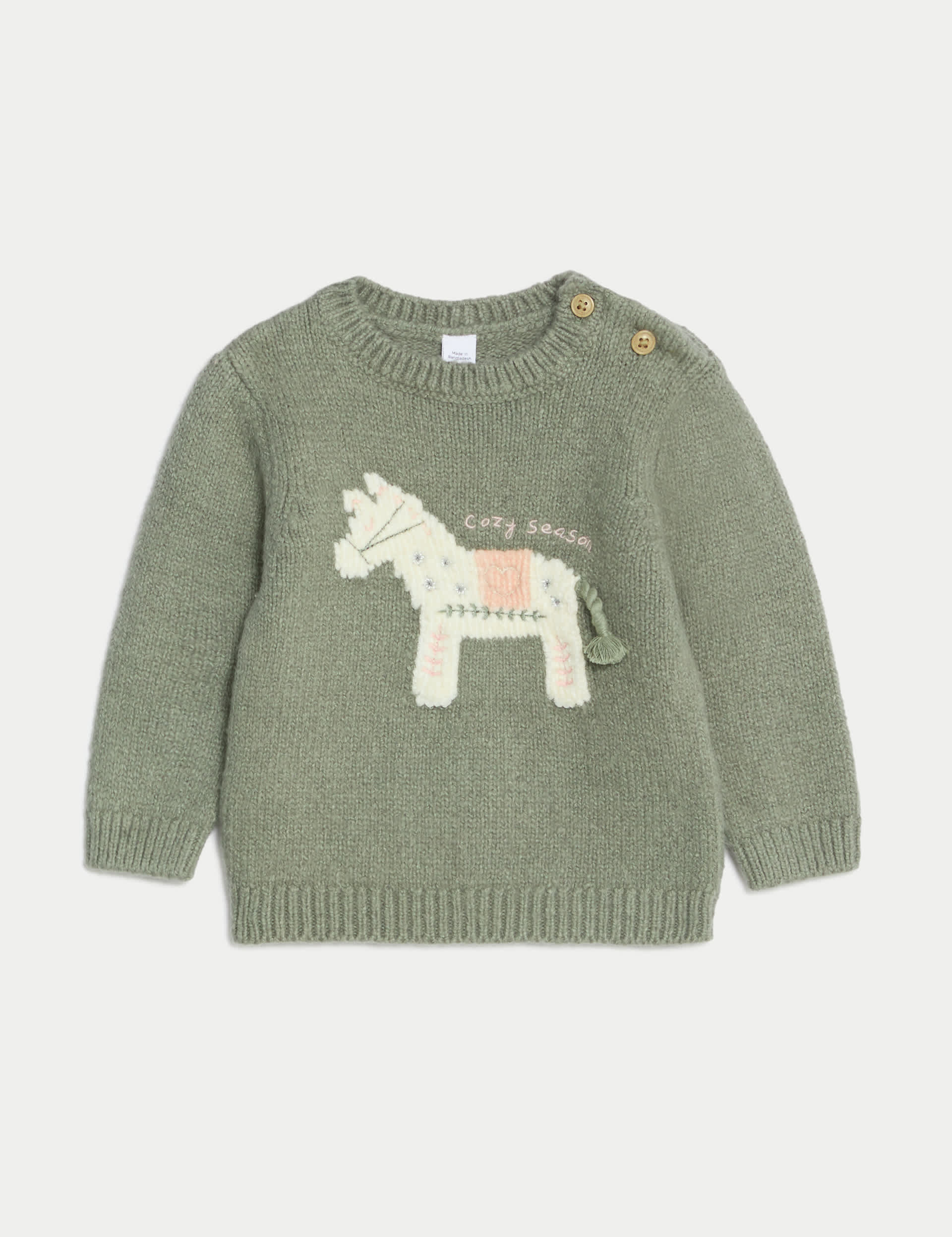 M&S Girls Cotton Rich Embroidered Horse Jumper (0-3 Yrs) - 12-18 - Green, Green