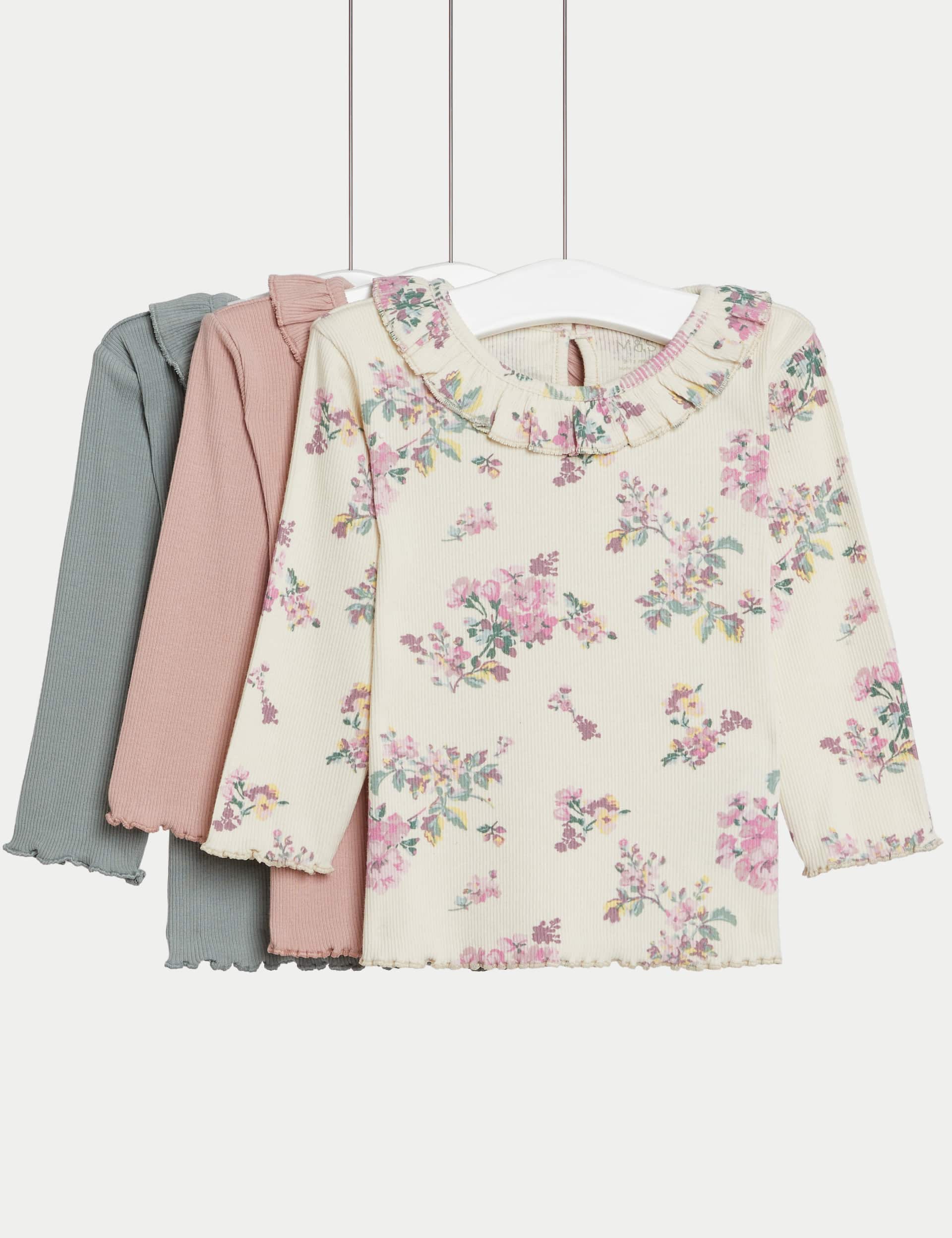 M&S Girls 3pk Cotton Rich Floral & Plain Frill Tops (0-3 Yrs)