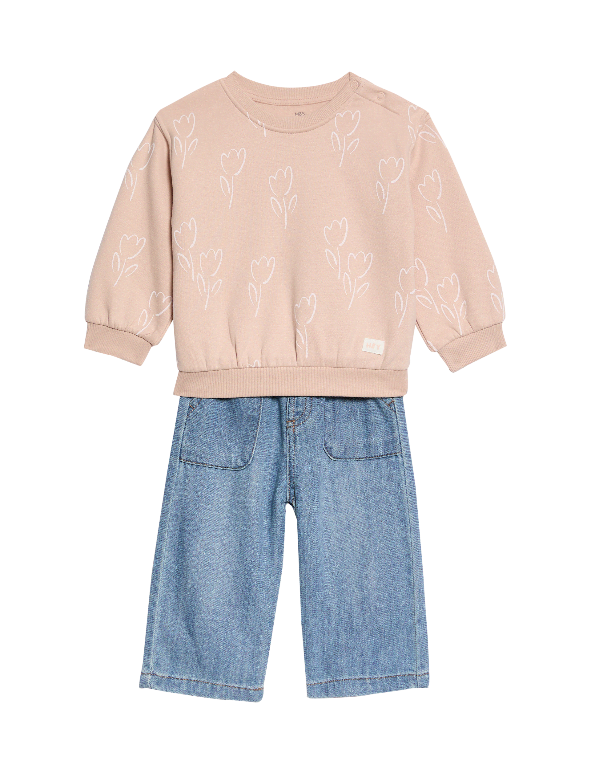 M&S Collection Girls 2pc Cotton Rich Tulip Print Jeans Outfit (0-8 Yrs) - 3-6 M - Pink Mix, Pink Mix