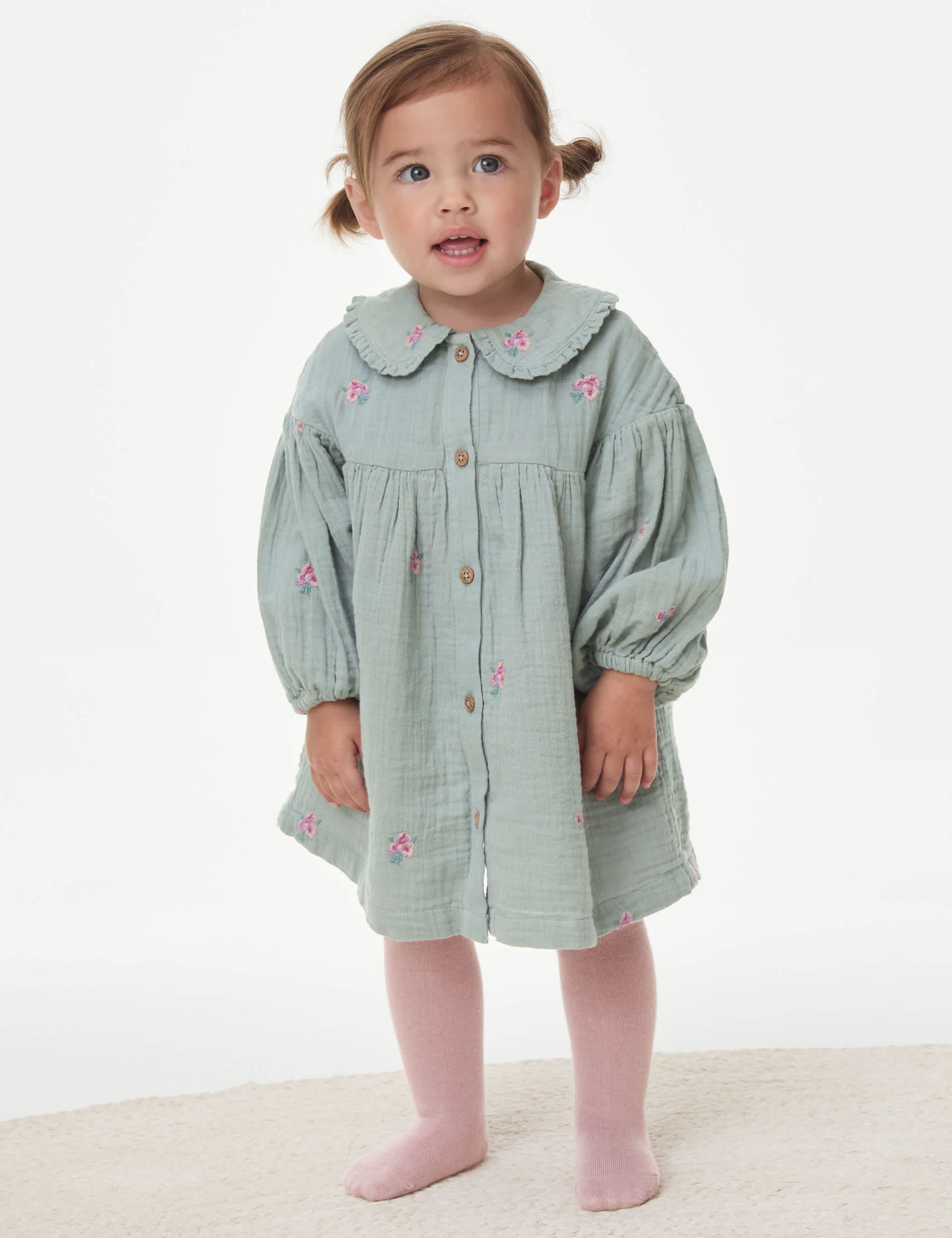 M&S Girls 2pc Cotton Rich Dress and Tights Outfit (0-3 Yrs)