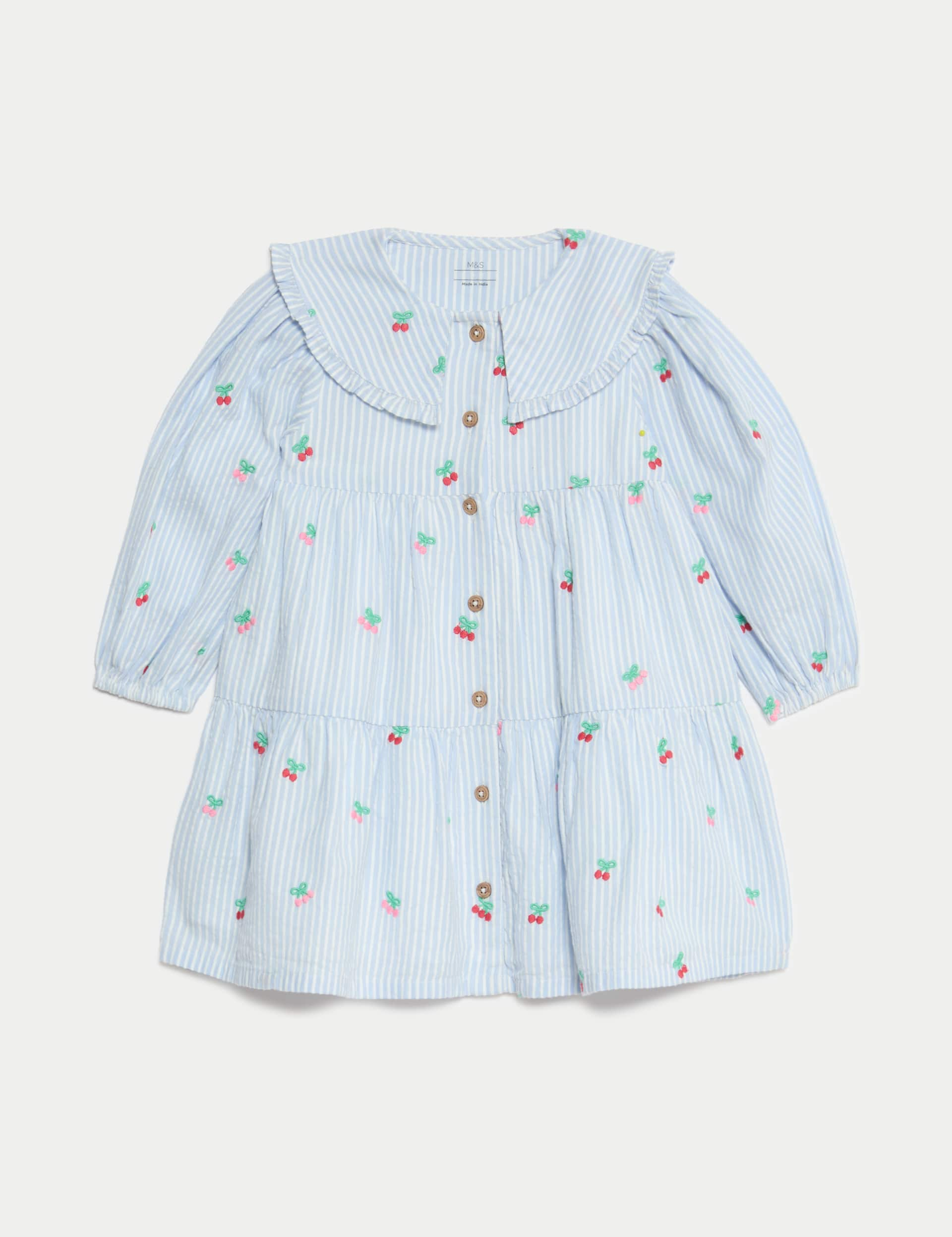 M&S Collection Girls Pure Cotton Striped Cherry Embroidery Dress (0-6 Yrs) - 3-6 M - Blue Mix, Blue Mix