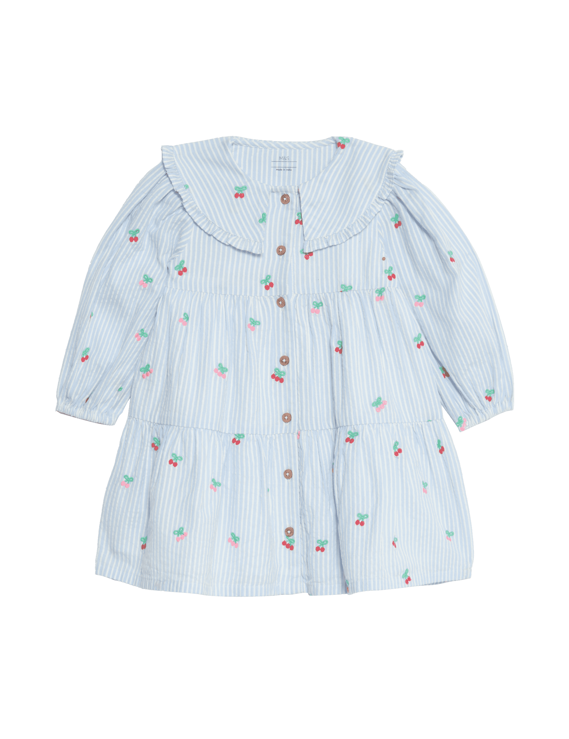 M&S Collection Girls Pure Cotton Striped Cherry Embroidery Dress (0-6 Yrs) - 5-6Y - Blue Mix, Blue M