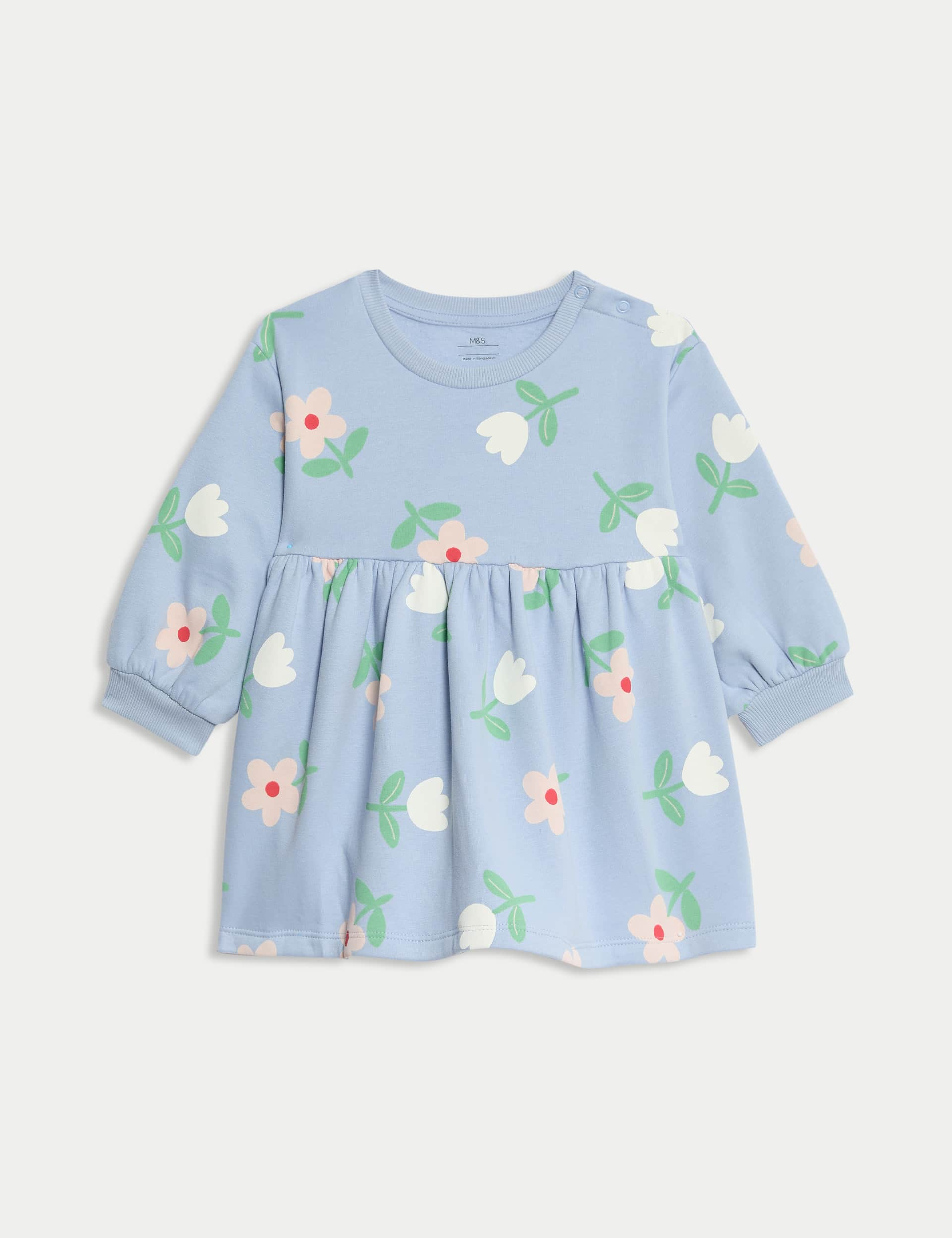 M&S Collection Girls Cotton Rich Floral Sweatshirt Dress (0-3 Yrs) - 12-18 - Blue, Blue