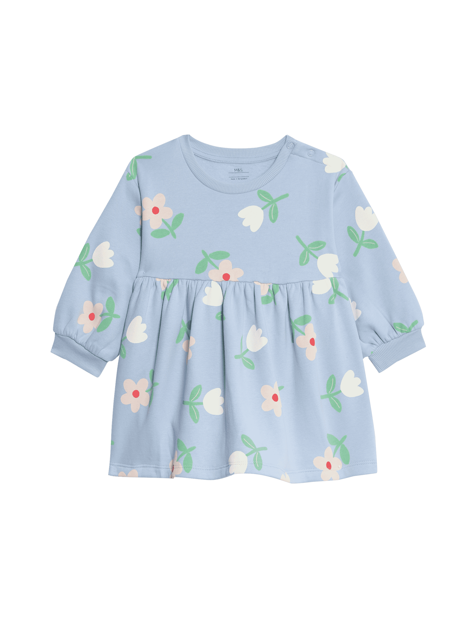 M&S Collection Girls Cotton Rich Floral Sweatshirt Dress (0-3 Yrs) - 3-6 M - Blue, Blue