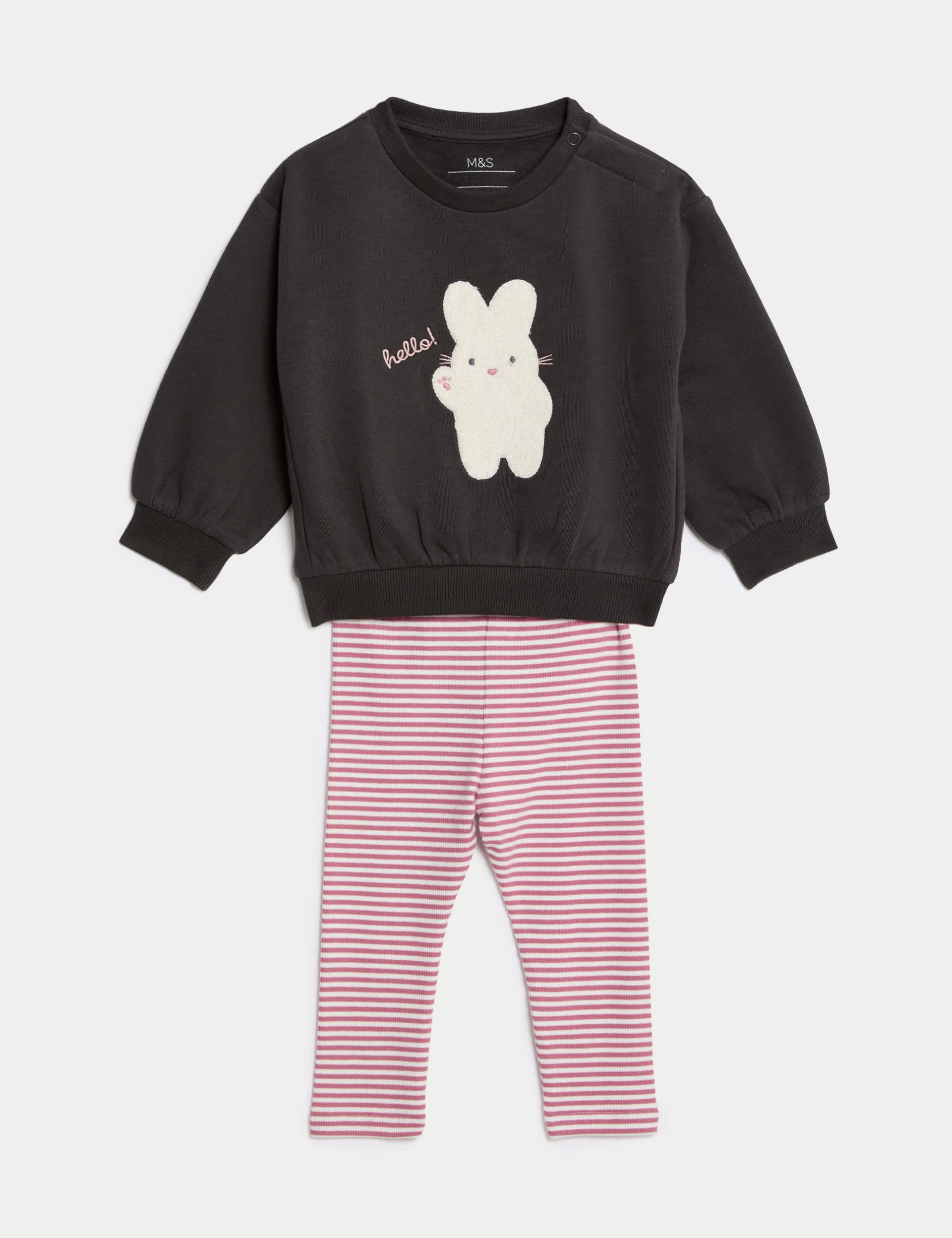 M&S Girls 2pc Cotton Rich Bunny Sweat Outfit (0-3 Yrs) - 3-6 M - Charcoal Mix, Charcoal Mix