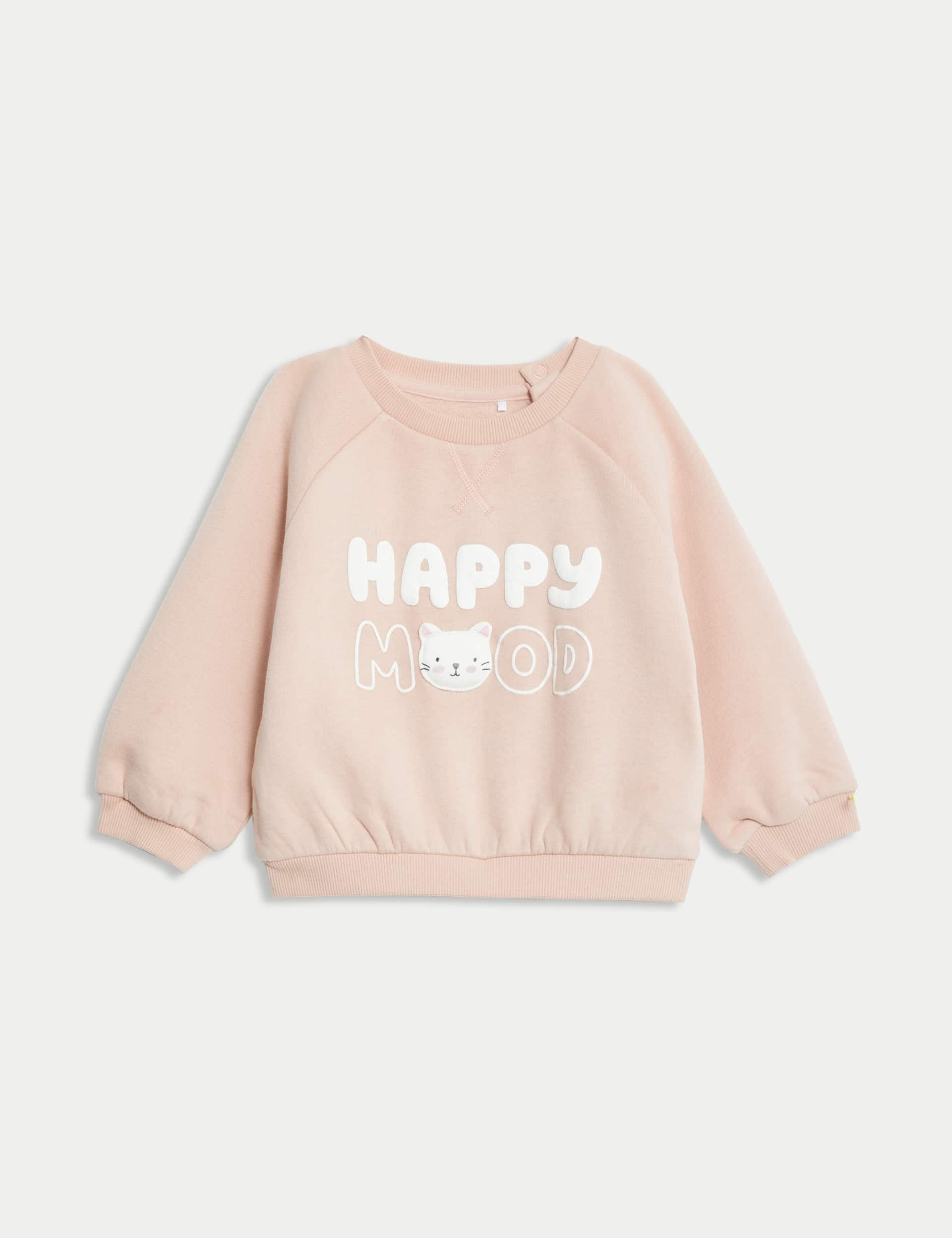 M&S Girls Cotton Rich Happy Mood Slogan Sweatshirt (0-3 Yrs) - 12-18 - Pink, Pink